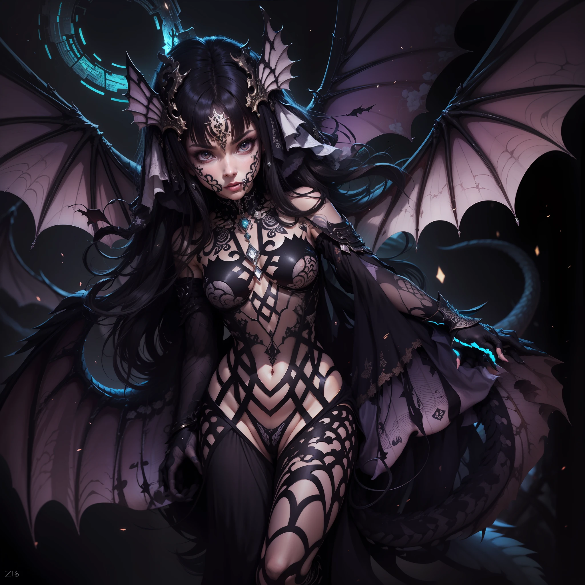 Absurdo, Alto, RAW FULL HD 16K,Ultra Detalhado, (fundo ultra-detalhado, fundo detalhado), extremamente detalhado, mulher guerreira adulta, 30 anos, with dragon wings on his back, Succubus cabelo branco e preto, intrincado, (Zentangle:1.2), (Geometrical:1.2), Colouring, corpo inteiro, Pose sexy, roupas curtas, Dragon tattoo, estrelas, Tiny floss, quase nua,  corpo perfeito,ecchi fechar , dinamic angle,(((Trabalho ultra realista))) RGB lighting effects,aspecto RPG