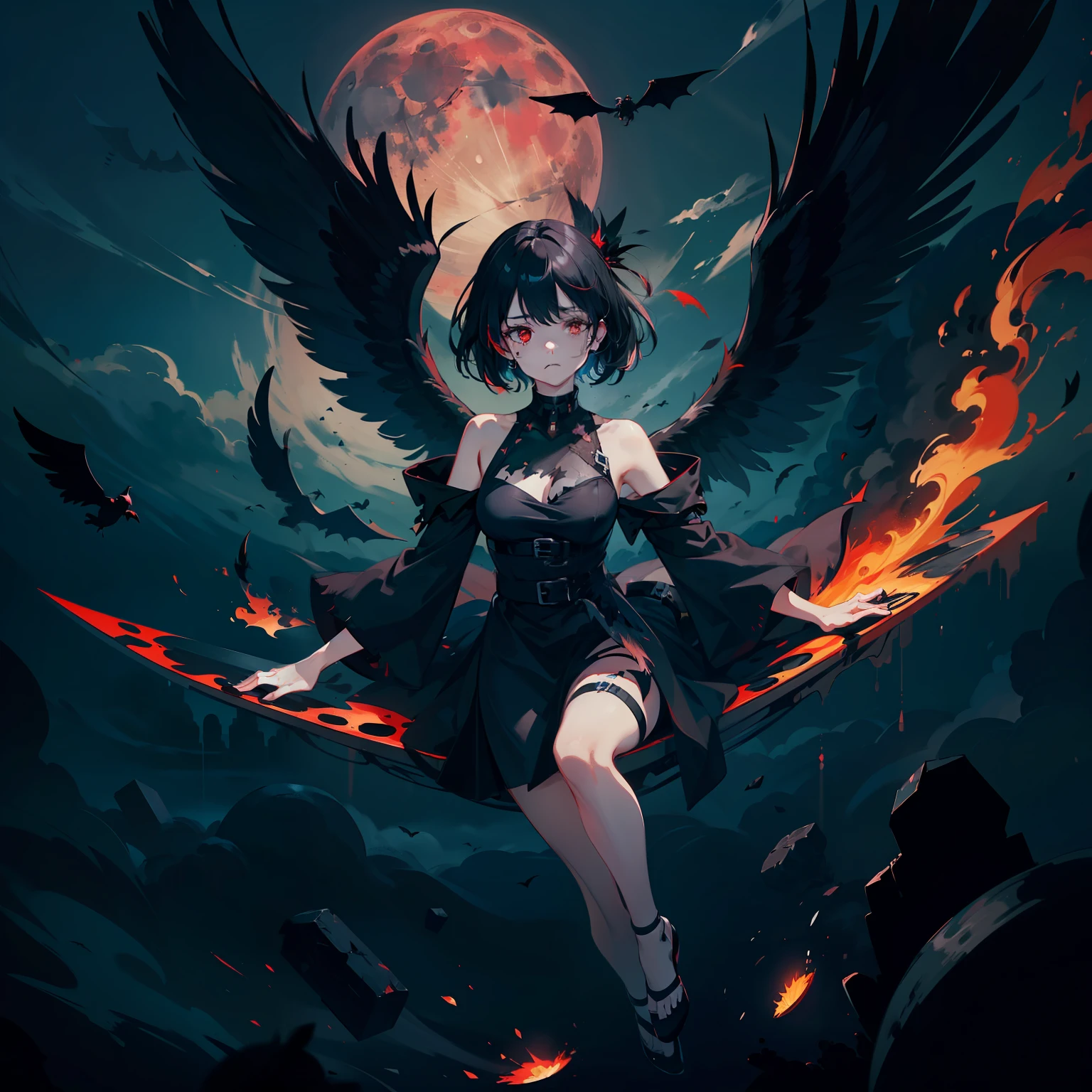 Floating black ashes, Beautiful and detailed black, red moon, ((The black clouds)), (black Wings) , a black cloudy sky, burning, black dress, ((Black fog)), Red eyes, (black smoke), ((Black feathers floating in the air)),bat, (floating black cloud:1.5),takemi tae,