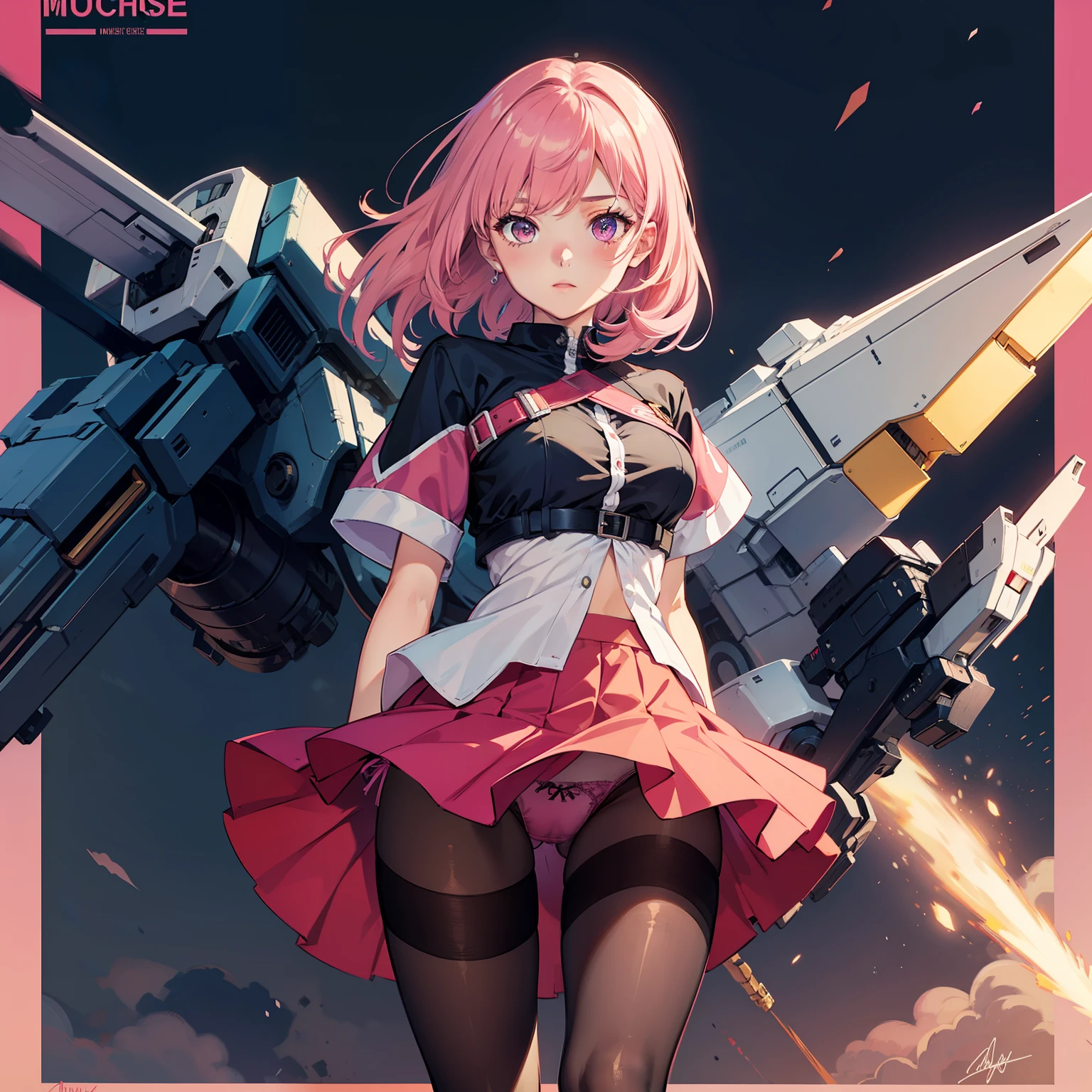 1girl, underwear, pink_hair, panties, outside_border, mecha_musume, pantyhose, signature, skirt, thighband_pantyhose, two-tone_background, panties_under_pantyhose, mecha, character_name