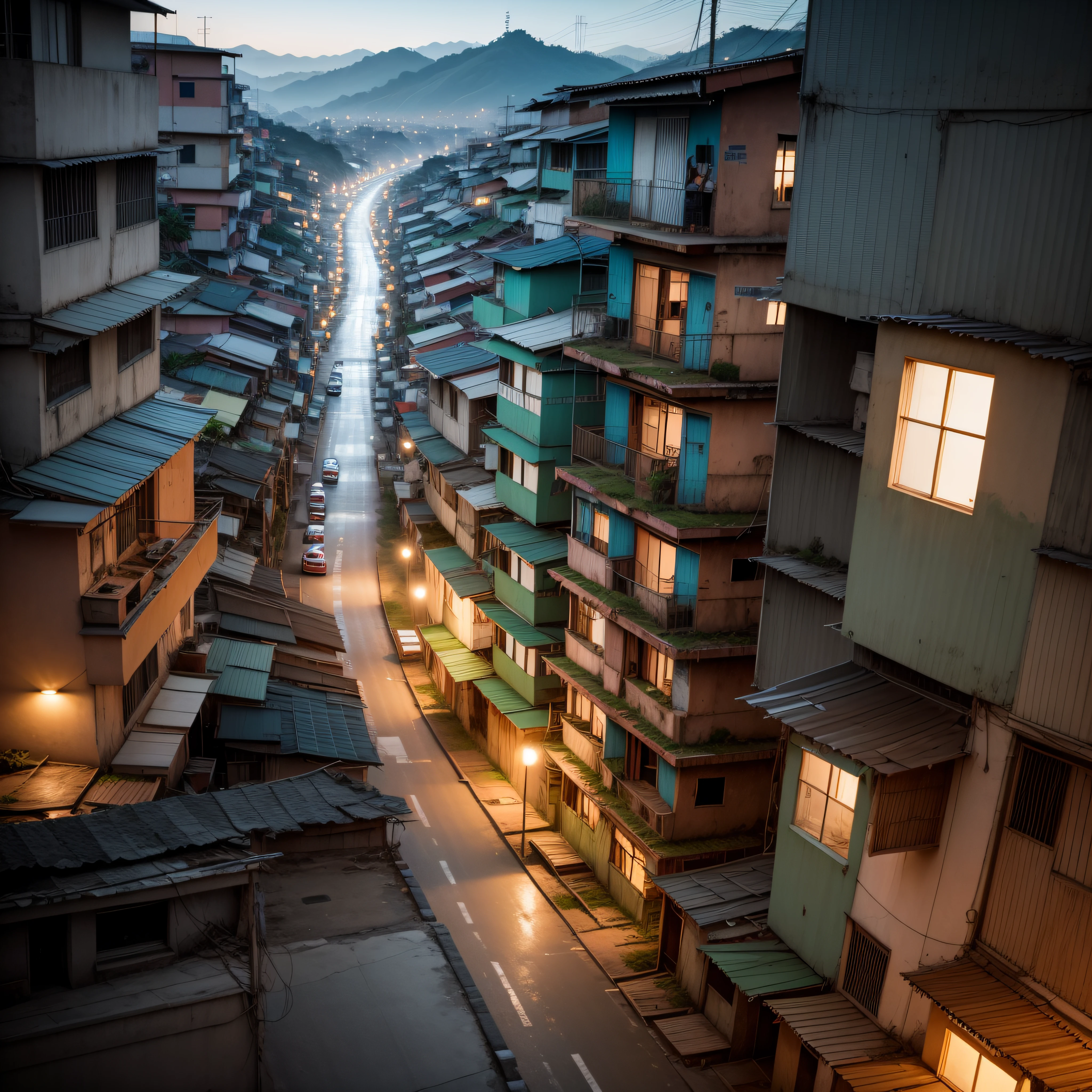 Mystical image of a government building illuminating a Brazilian favela.