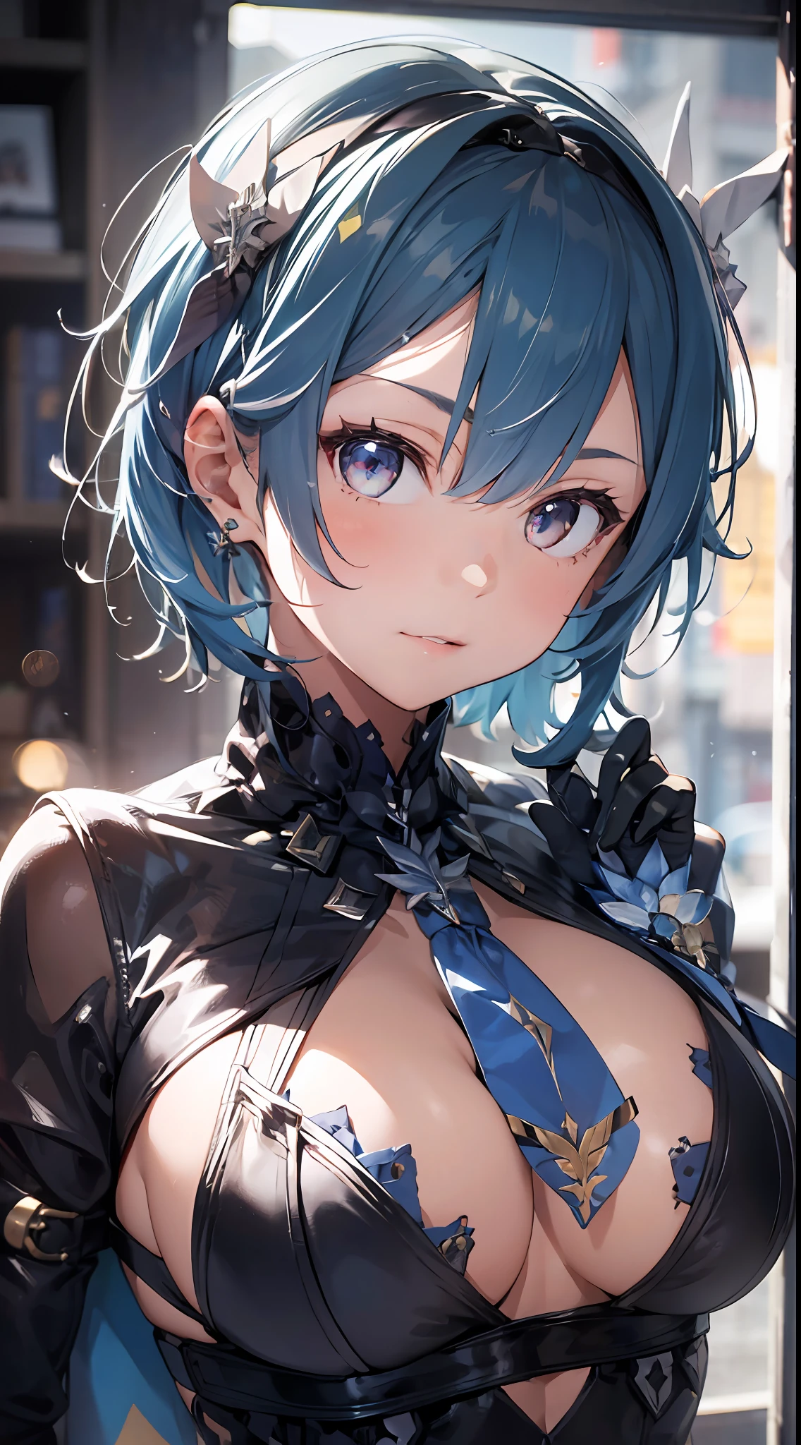 1girl, (solo:1.2), ((masterpiece)), [slim], (big chest), large breast , sexy ,mature ,((detailed eyes)), (bokeh effect), medium shot, euladef, (light blue hair), short hair, black hairband, (blue gloves), (blue tie), elegant
