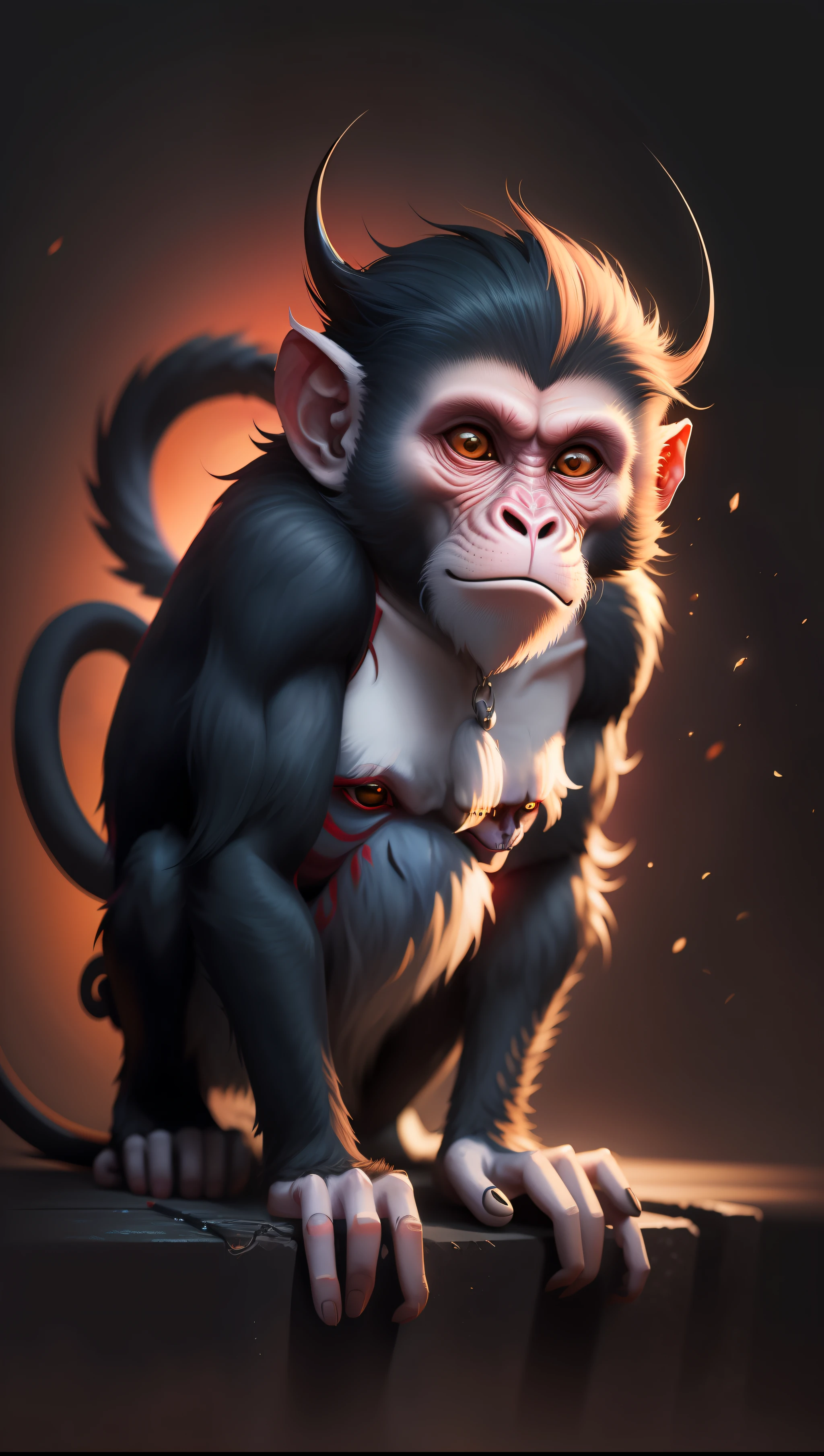 Devil monkey,dark night,dark background,high resolution, high quality,red