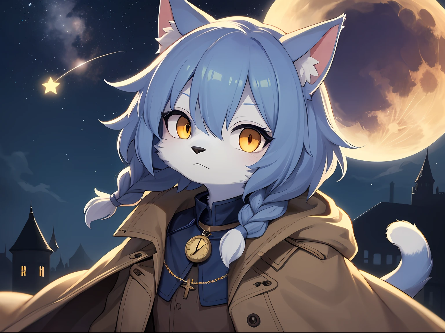 Cat boy，was hairy，shaggy，Skin fur，Smoothes lashes，Indigo fur，Forelimb hands，Short hair in men, Low twin braids' hair is scattered，solid circle eyes，Indigo ears，Indigo fur，Indigo facial fur，Short indigo hair，Hairline, Shiny hair, Wavy hair，Golden eyes，Super cute face，Cat tail，Fluffy tail，furry tail， Expressionless，Glowing eyes，Pocket watch in hand，Brown cape，Brown trench coat，ambientlight，Ultra-fine fur，volumettic light，dashed eyes, bangs, Stargazing，lightand shade contrast, ultra high def, 巨作, High quality, high-details, Best quality，Castle background，A sky full of stars，Meteor，Night，full moon