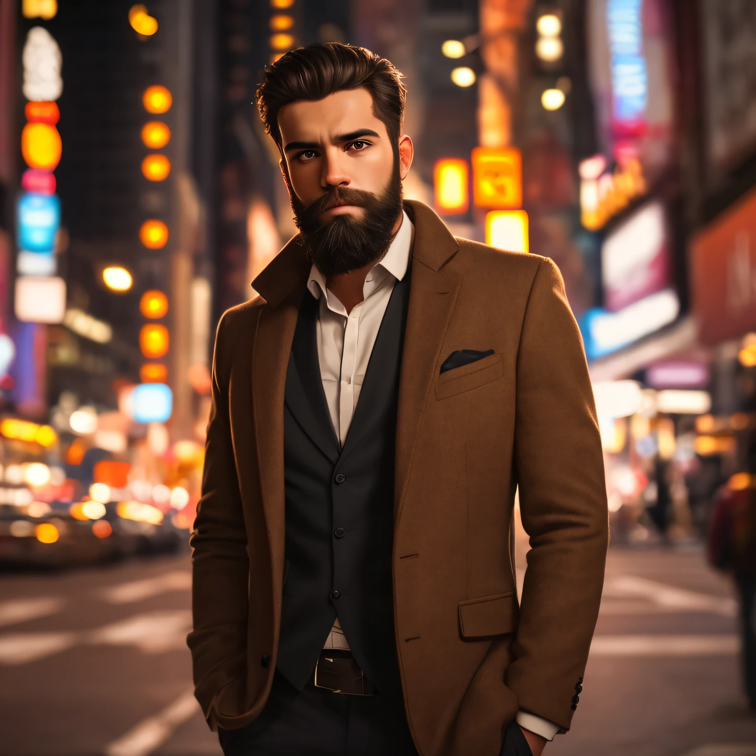 Handsome bearded young man, passionate look, cinematic, realistic, city background, wide lens, Manhattan by Woody Allen cinematography, 4k, high definition, soft light. backlight, night, photo, 18mm lens --auto