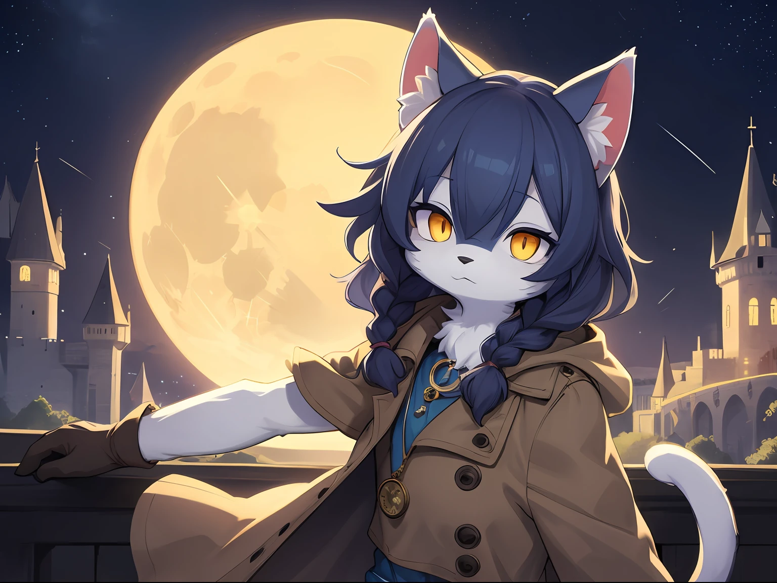 Cat boy,was hairy,shaggy,Skin fur,Smoothes lashes,Indigo fur,Forelimb hands,Short hair in men, Low twin braids' hair is scattered,solid circle eyes,Indigo ears,Indigo fur,Indigo facial fur,Short indigo hair,Hairline, Shiny hair, Wavy hair,Golden eyes,Super cute face,Cat tail,Fluffy tail,furry tail, Expressionless,Glowing eyes,Pocket watch in hand,Brown cape,Brown trench coat,ambientlight,Ultra-fine fur,volumettic light,dashed eyes, bangs, Stargazing,lightand shade contrast, ultra high def, 巨作, High quality, high-details, Best quality,Castle background,A sky full of stars,Meteor,Night,full moon