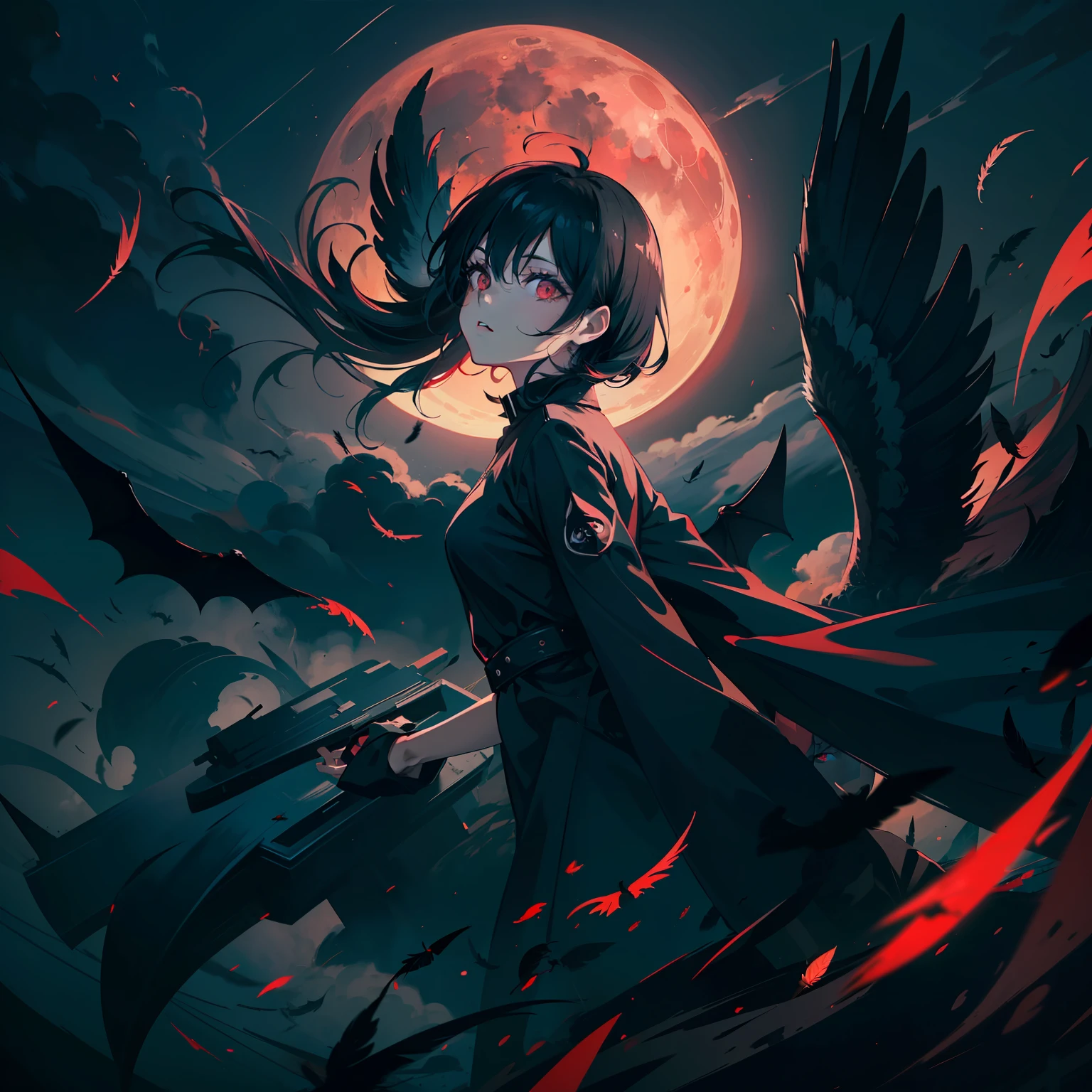 Floating black ashes, Beautiful and detailed black, red moon, ((The black clouds)), (black Wings) , a black cloudy sky, burning, black dress, ((Black fog)), Red eyes, (black smoke), ((Black feathers floating in the air)),bat, (floating black cloud:1.5),takemi tae,