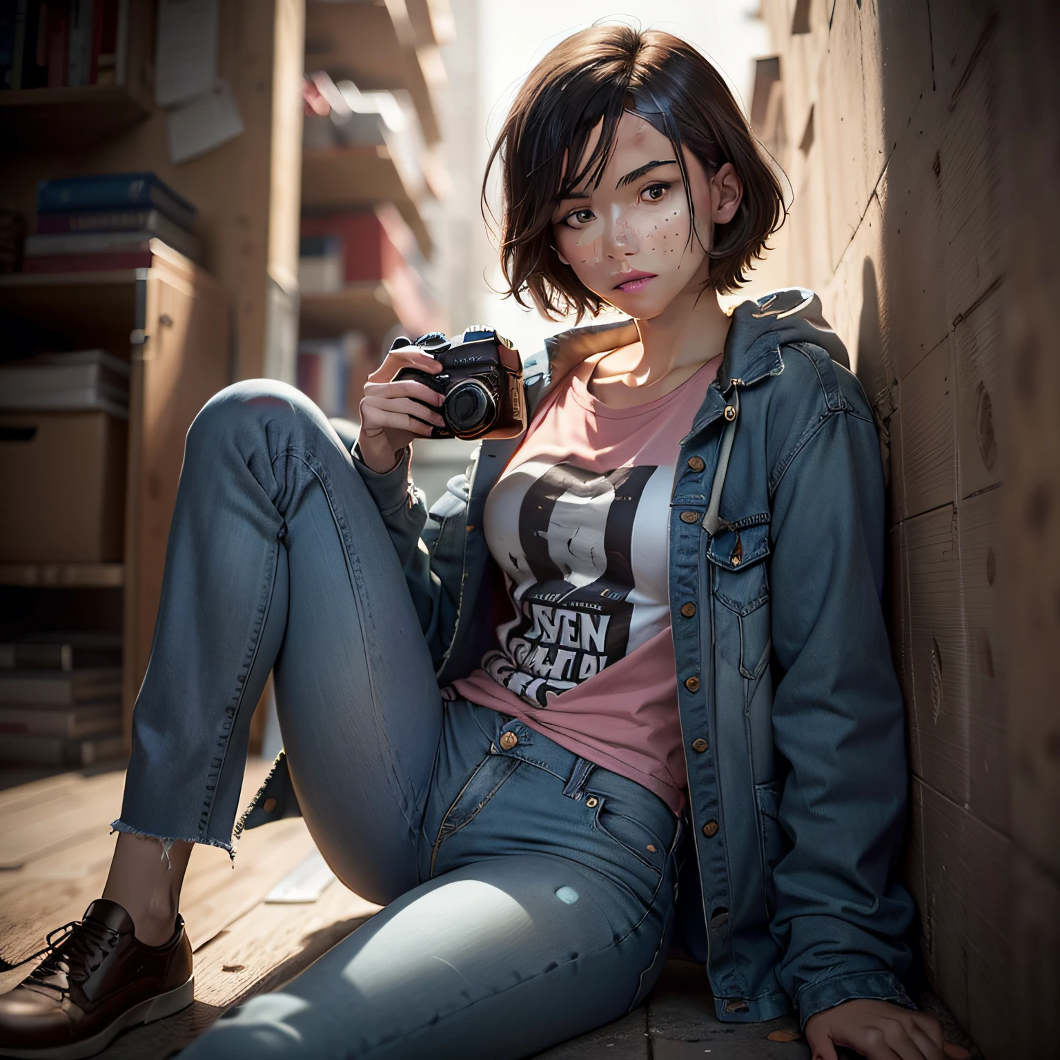 (Photograph of an 18-year-old woman),(white skin),(dark brown short hair),(blue eyes),(well-detailed face),(freckles spread across the face discreetly),(shadows around the eyes discreetly),(eyeliner on the face discreetly),(full body image),(detailed pink T-shirt),(detailed gray color coat),(blue jeans),(holding a camera), Max Caufield,(8K), realistic photo