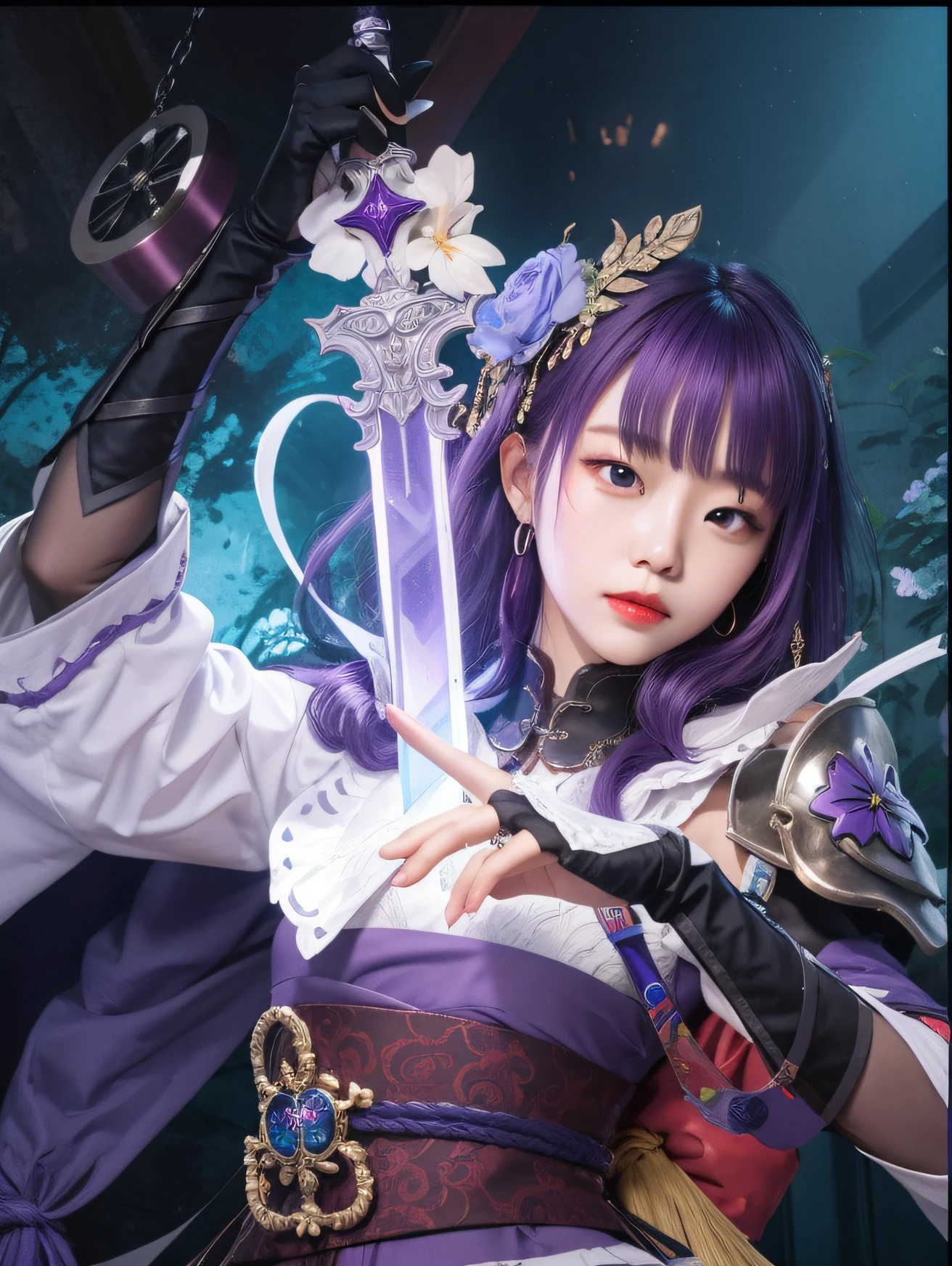 raidenshogunrnd,purple color hair,Metal hair accessories,Purple longsword,