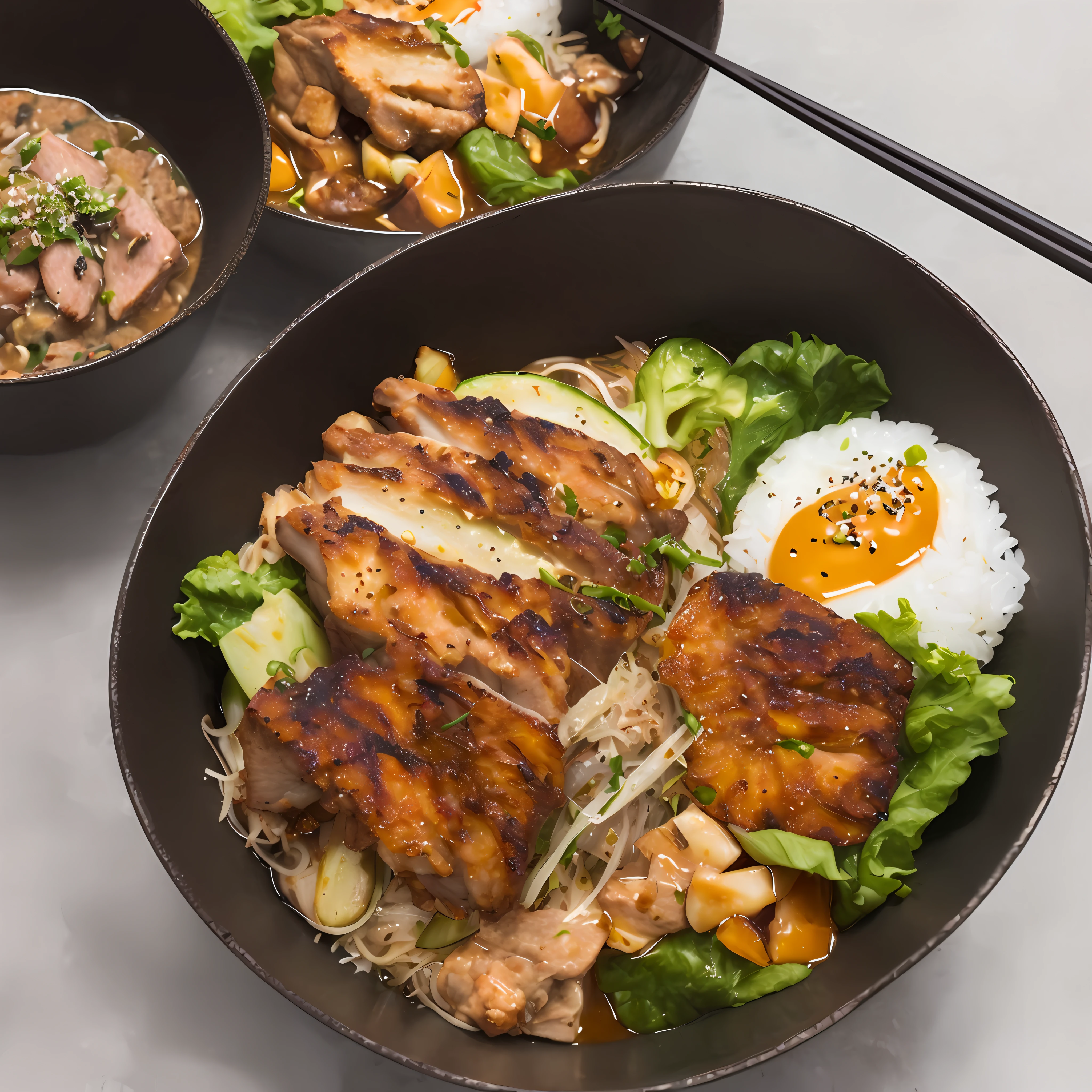 best quality, masterpiece, 1other, solo, japanese food, pork Donburi, simple background