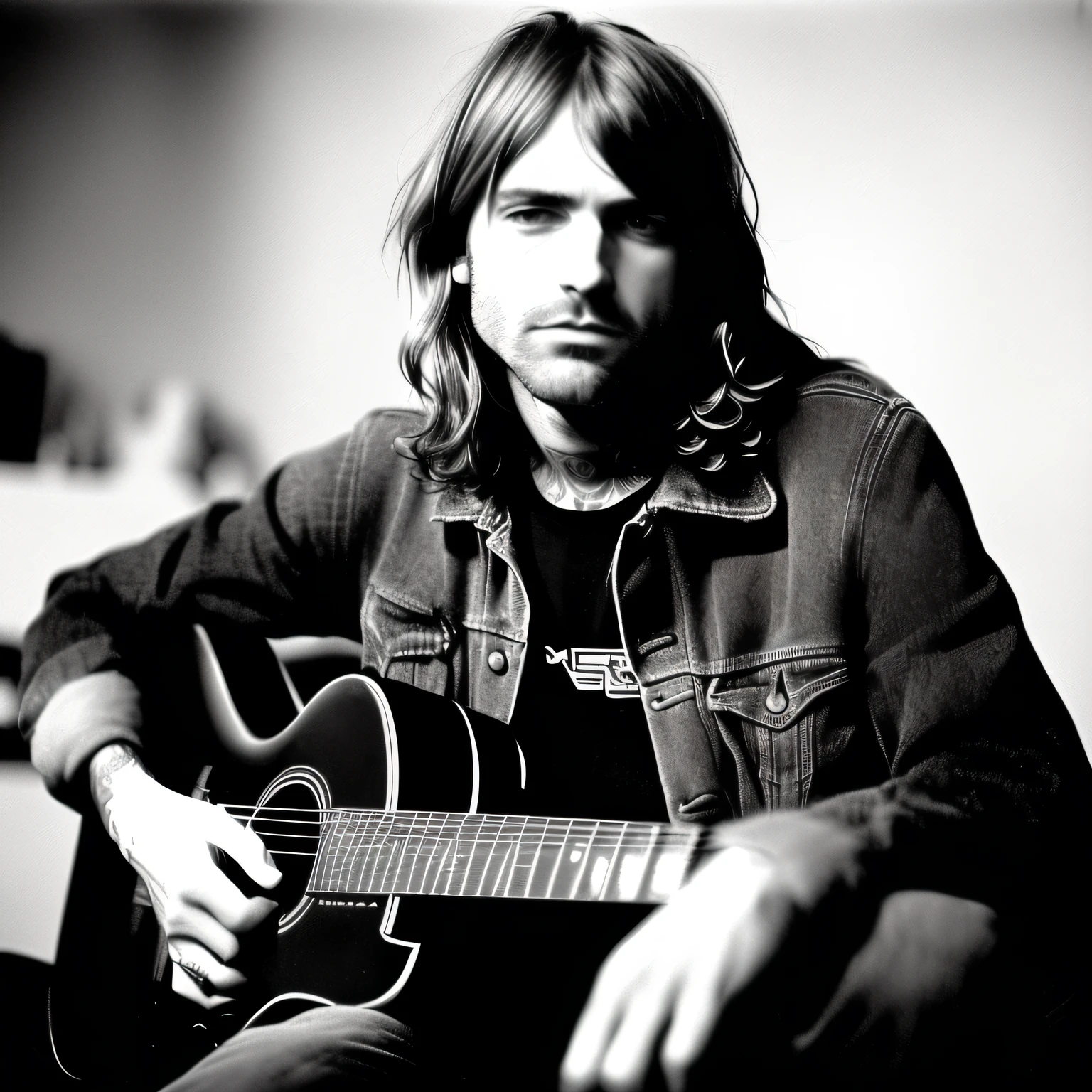 foto retrato (ohwx:1.15) Kurt Cobain, the lead singer and guitarist of Nirvana,handsome man with long hair, sitting, new york street, detailed, neck tattoos, skin pores, street punk, ((1970's)), (punk rock:1.1), punk, cinematic lighting, studio quality, styled by Alasdair McLellan, black and white, film grain, Fujicolor 400, Superia, Nikon F401