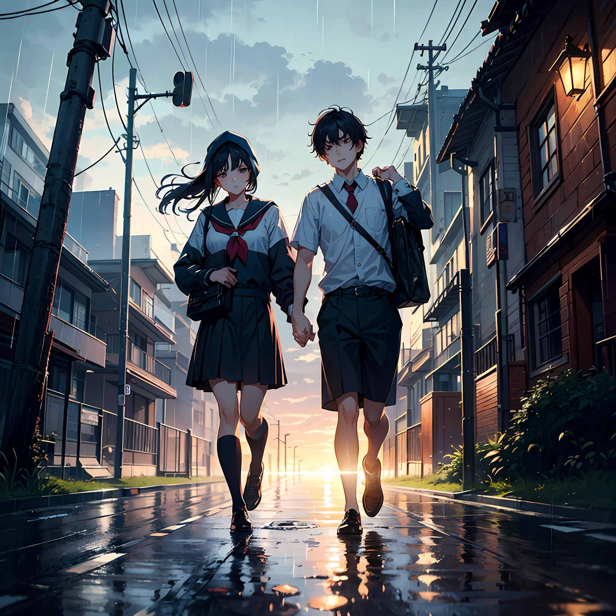 (A boy with, holding a briefcase), (A girl with, Cover your head with your hands)、Wearing a white school uniform, Soaked, Delicate facial features,( Run on small roads in the rain), (dark cloude, Heavy rain weather, overcast weather, rains), There are trees on both sides of the road, House construction, anime realism style, super highly detail, masterpaintings, optimal quality, superdetailed, finedetail, 8K