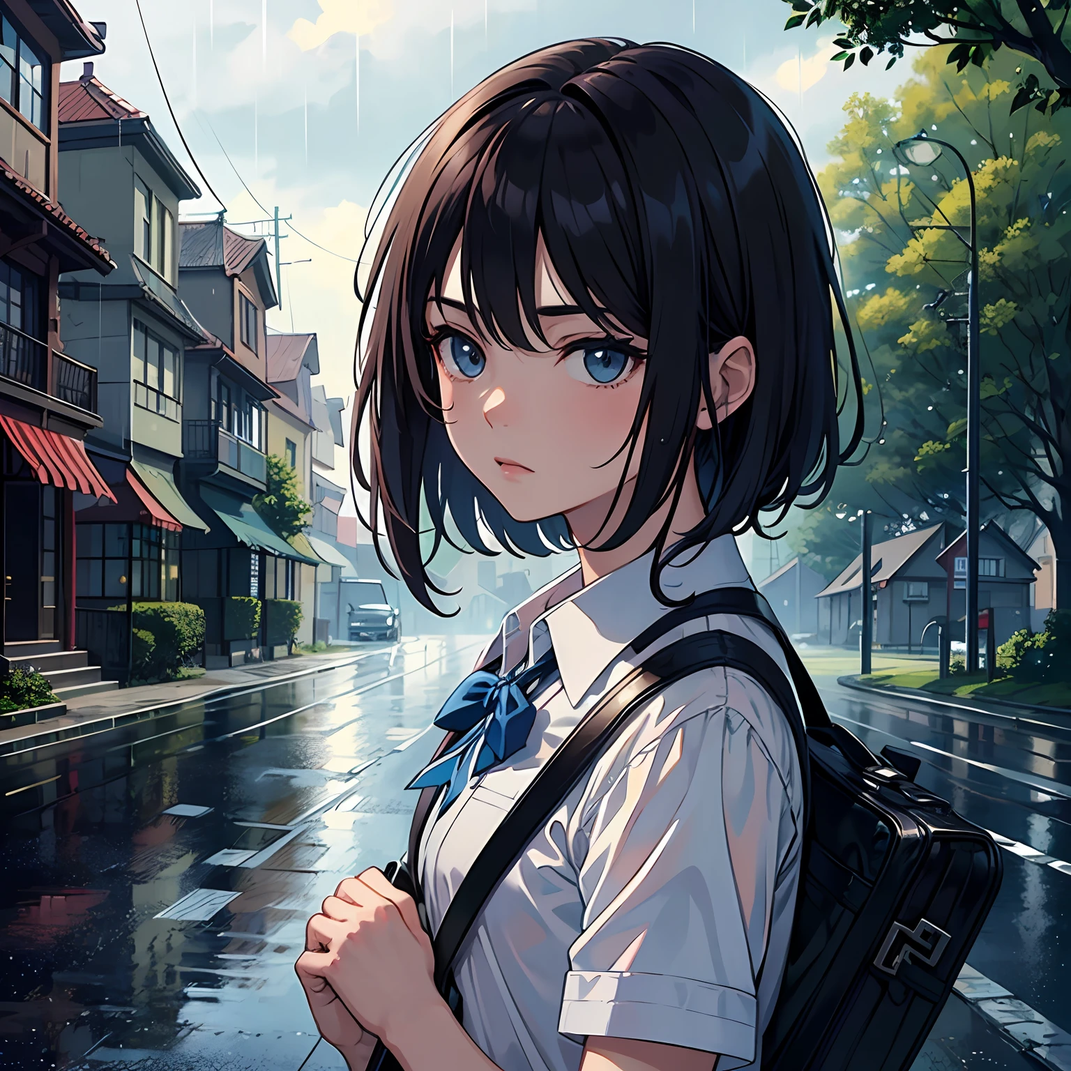 (A boy with, holding a briefcase), (A girl with, Hold your head in your hands)、Wear school uniform attire, Soaked, Delicate facial features, Run on small roads in the rain, (dark cloude, Heavy rain weather, overcast weather, rains), There are trees on both sides of the road, House construction, anime realism style, super highly detail, masterpaintings, optimal quality, superdetailed, finedetail, 8k --auto