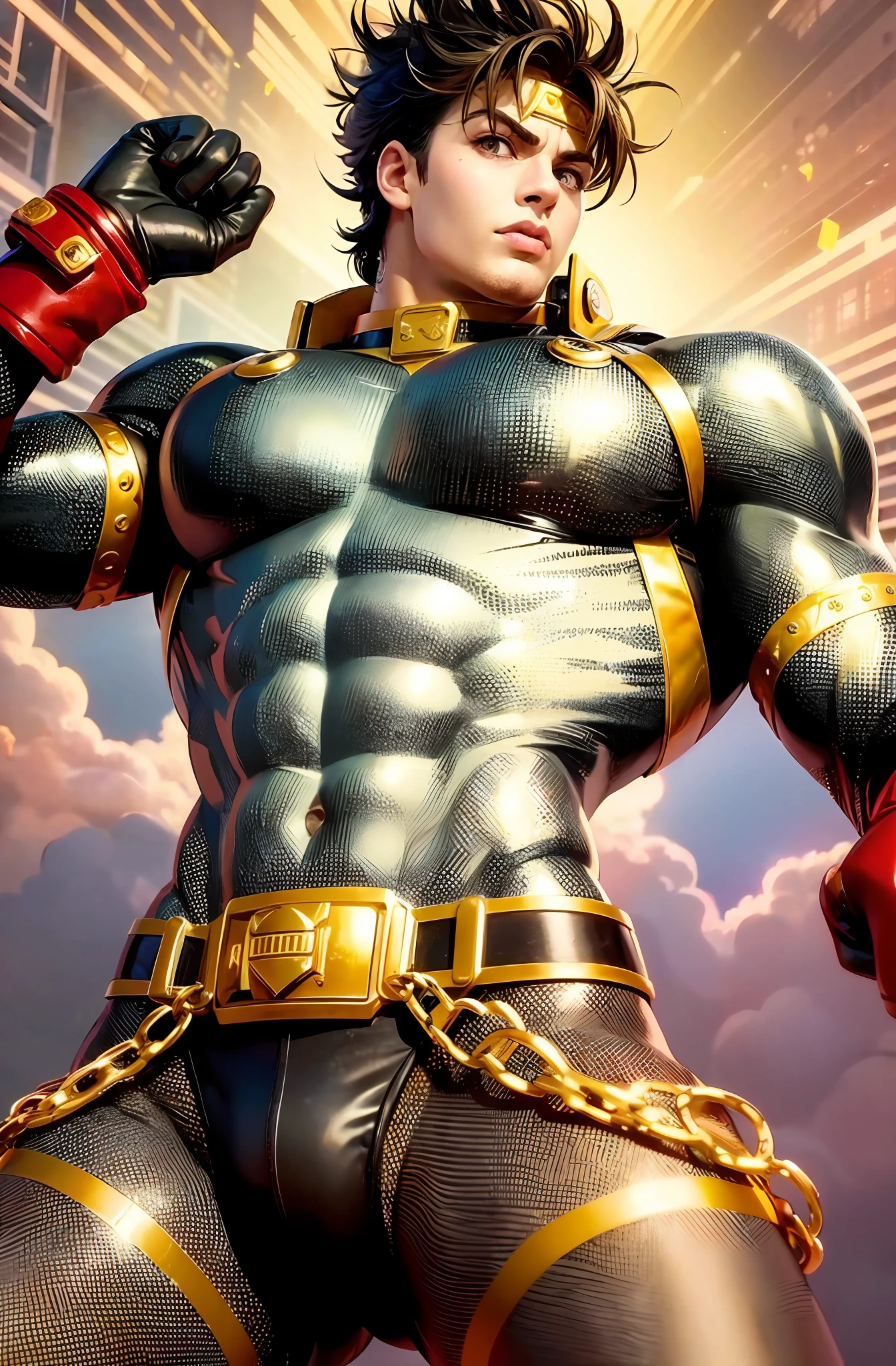 jojo's bizarre adventure, homem musculoso em poses gulosas, cores vibrantes , yellow sky background, poses, joseph joestar, (lutando), pose gulosa, cores vibrantes , 4k, full realistic --auto --s2