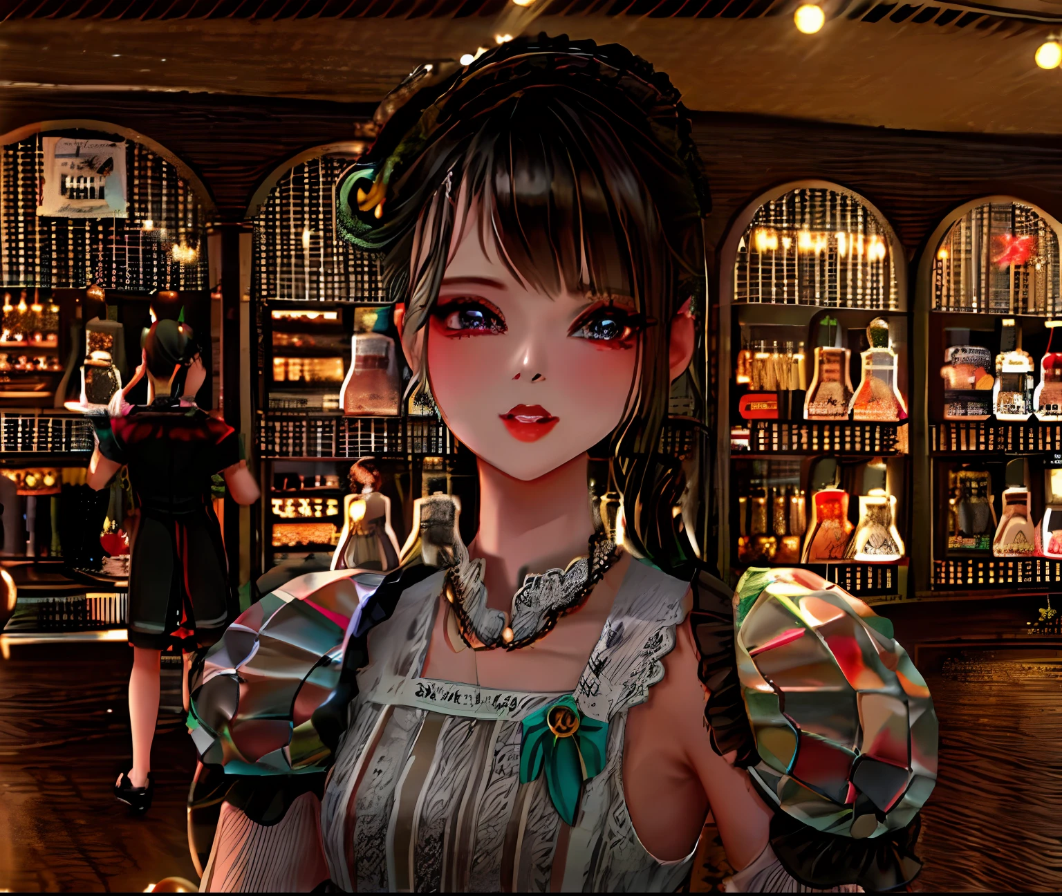 there is a woman in a dress holding a piece of food, secondlife, second life avatar, imvu, twintails white_gloves, e - girl, e-Girl, cgsocietywlop, Lori, soda themed girl, trending at cgstation, sakimichan, 8K)), shikamimi, holding a pudica pose