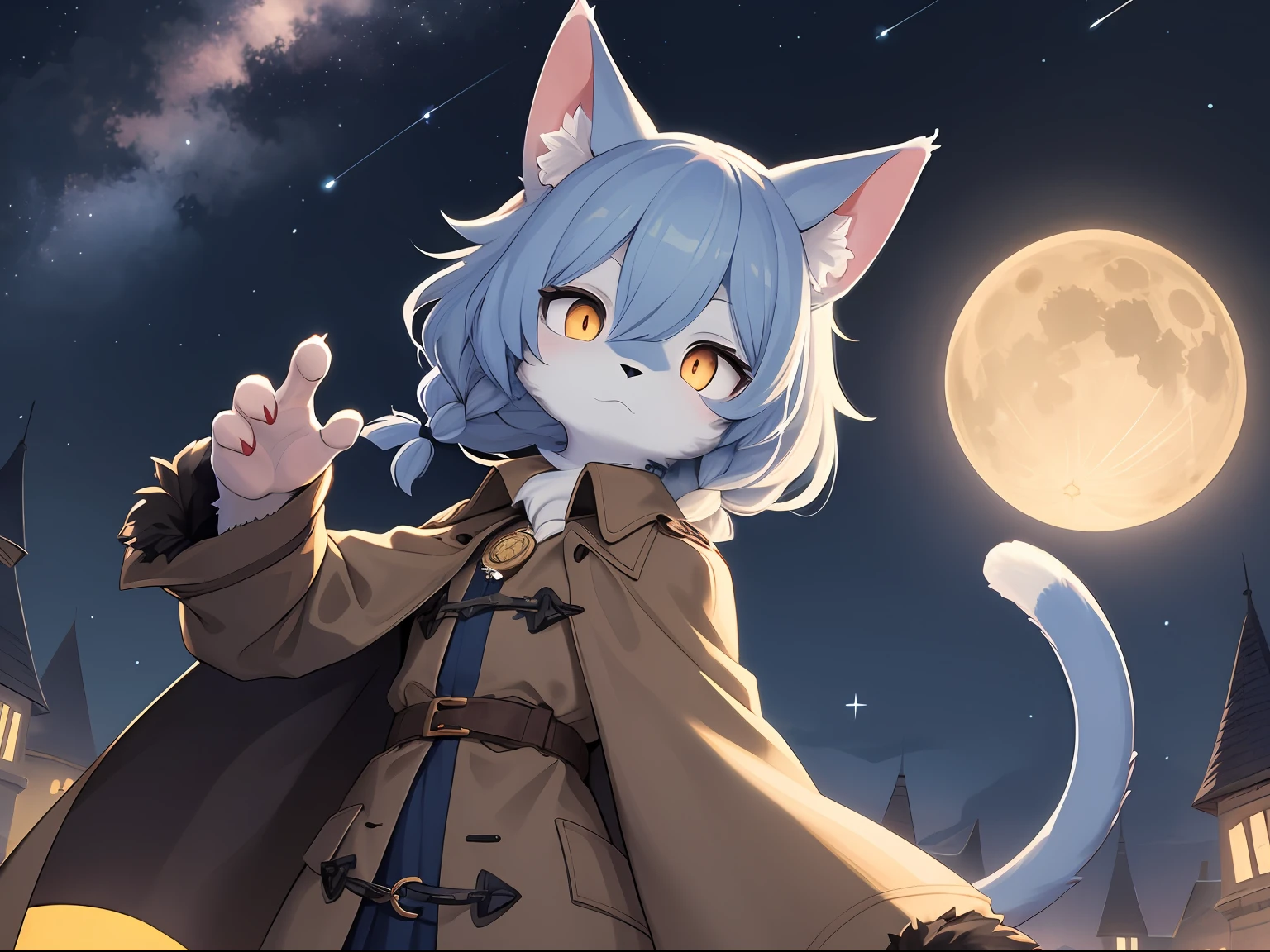 Cat boy，was hairy，shaggy，Skin fur，Smoothes lashes，Indigo fur，Forelimb hands，Short hair in men, Low twin braids' hair is scattered，solid circle eyes，Indigo ears，Indigo fur，Indigo facial fur，Short indigo hair，Hairline, Shiny hair, Wavy hair，Golden eyes，Super cute face，Cat tail，Fluffy tail，furry tail， Expressionless，Glowing eyes，Pocket watch in hand，Brown cape，Brown trench coat，ambientlight，Ultra-fine fur，volumettic light，dashed eyes, bangs, Stargazing，lightand shade contrast, ultra high def, 巨作, High quality, high-details, Best quality，Castle background，A sky full of stars，Meteor，Night，full moon