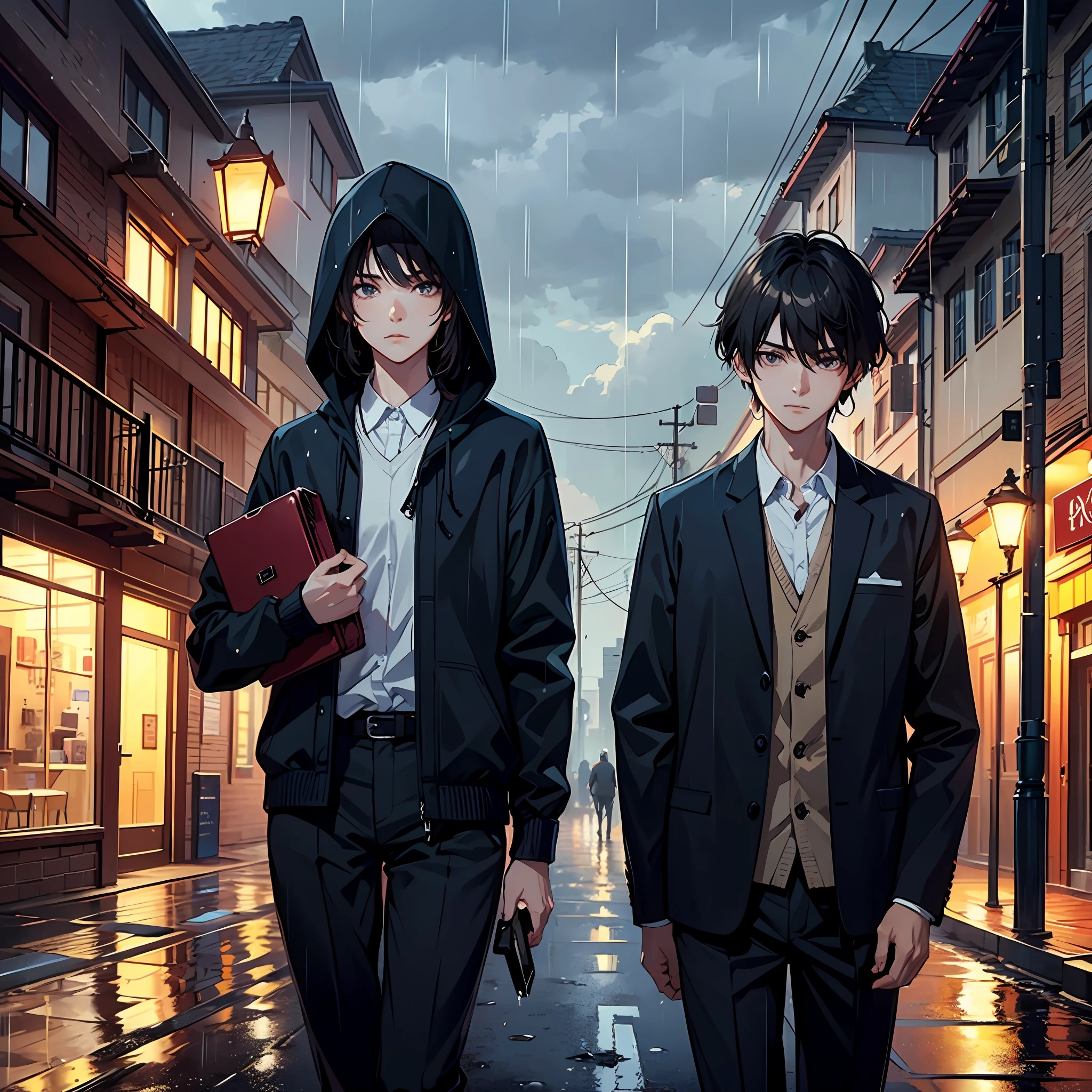 (A boy with, holding a briefcase), (A girl with, Cover your head with your hands)、Wearing a white school uniform, Soaked, Delicate facial features,( Run on small roads in the rain), (dark cloude, Heavy rain weather, overcast weather, rains), There are trees on both sides of the road, House construction, anime realism style, super highly detail, masterpaintings, optimal quality, superdetailed, finedetail, 8K