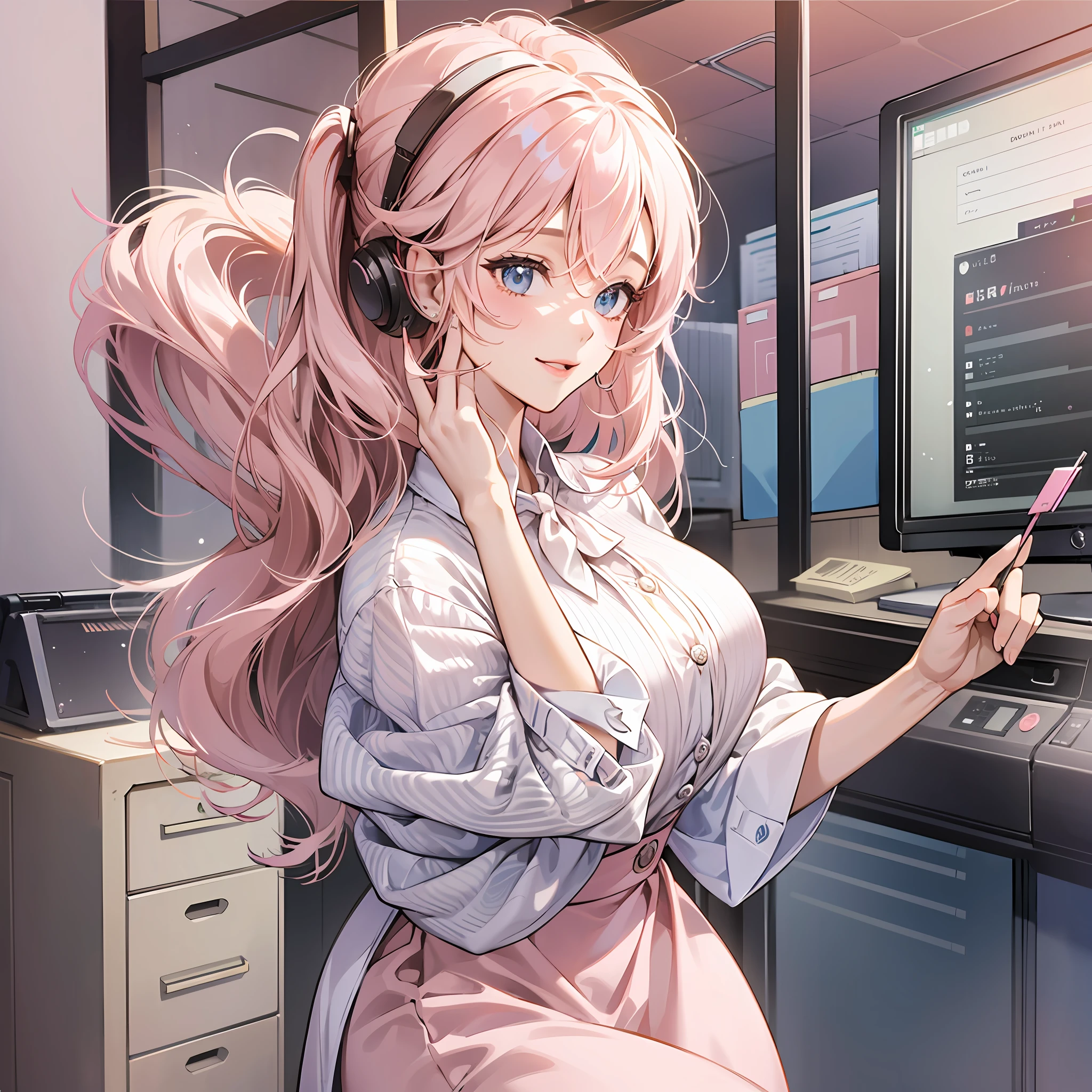 1girl huge large breasts,The eye,with pink hair,smil,Black shirt computer,screens,illustration,(Screen 1 of the game.5),office room,Computer screen,ads,,two hand,keyboards,mouse,the panorama --auto