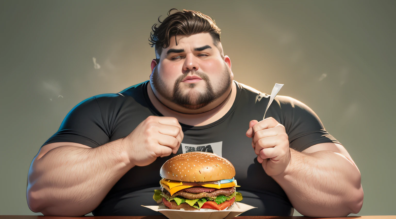 homem gordo, obeso, esfomeado, devorando um hamburguer, morbid obesity