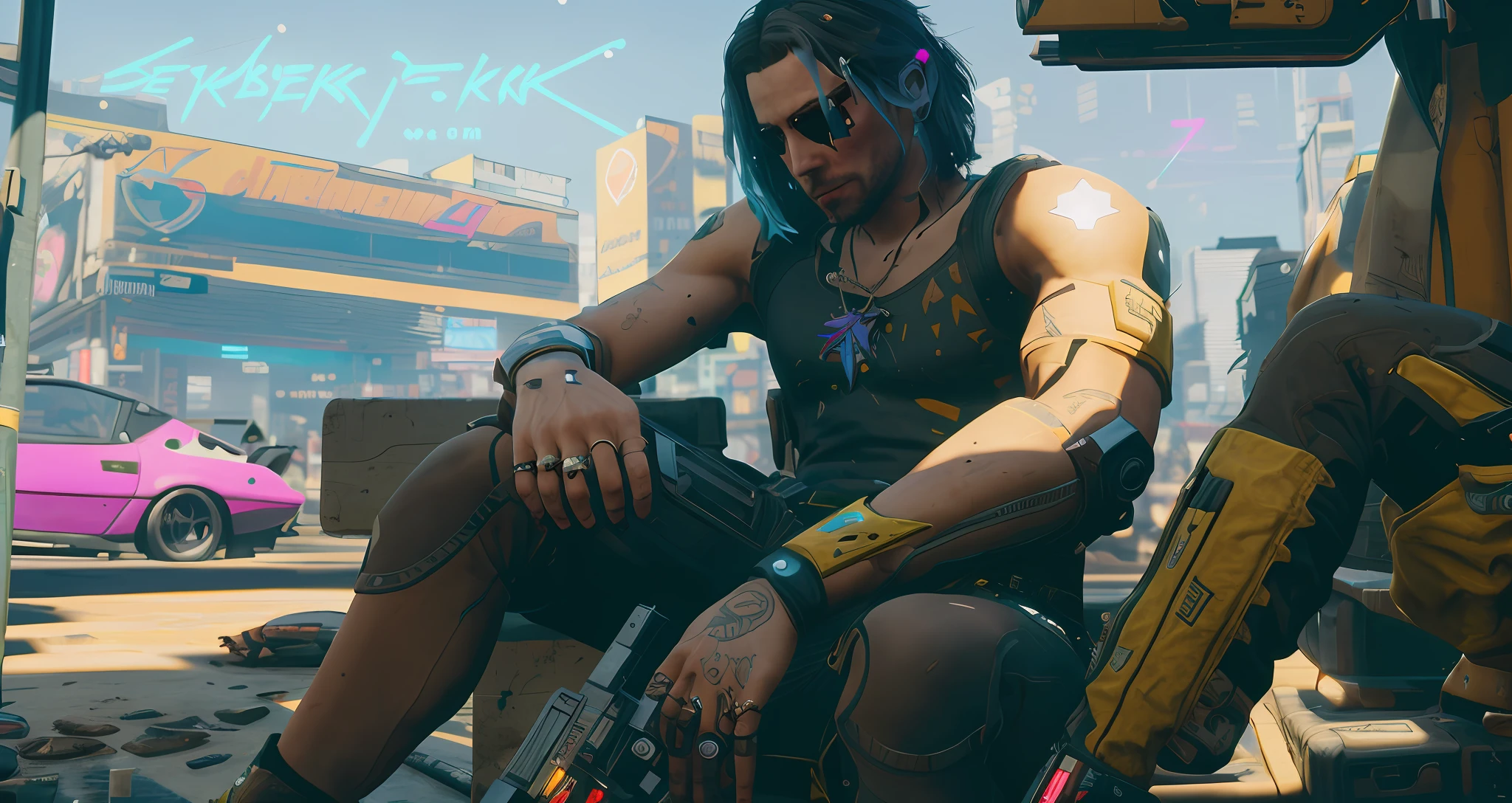 Homem sentado em uma cadeira em uma cidade com uma arma, (cyberpunk 2077), cyberpunk 2077", em cyberpunk 2077, ( Cyberpunk 2 0 7 7, em Cyberpunk 2 0 7 7 cp 2 0 7 7, cyberpunk 2077), Cyberpunk 2 0 7 7 ), cyberpunk 2070