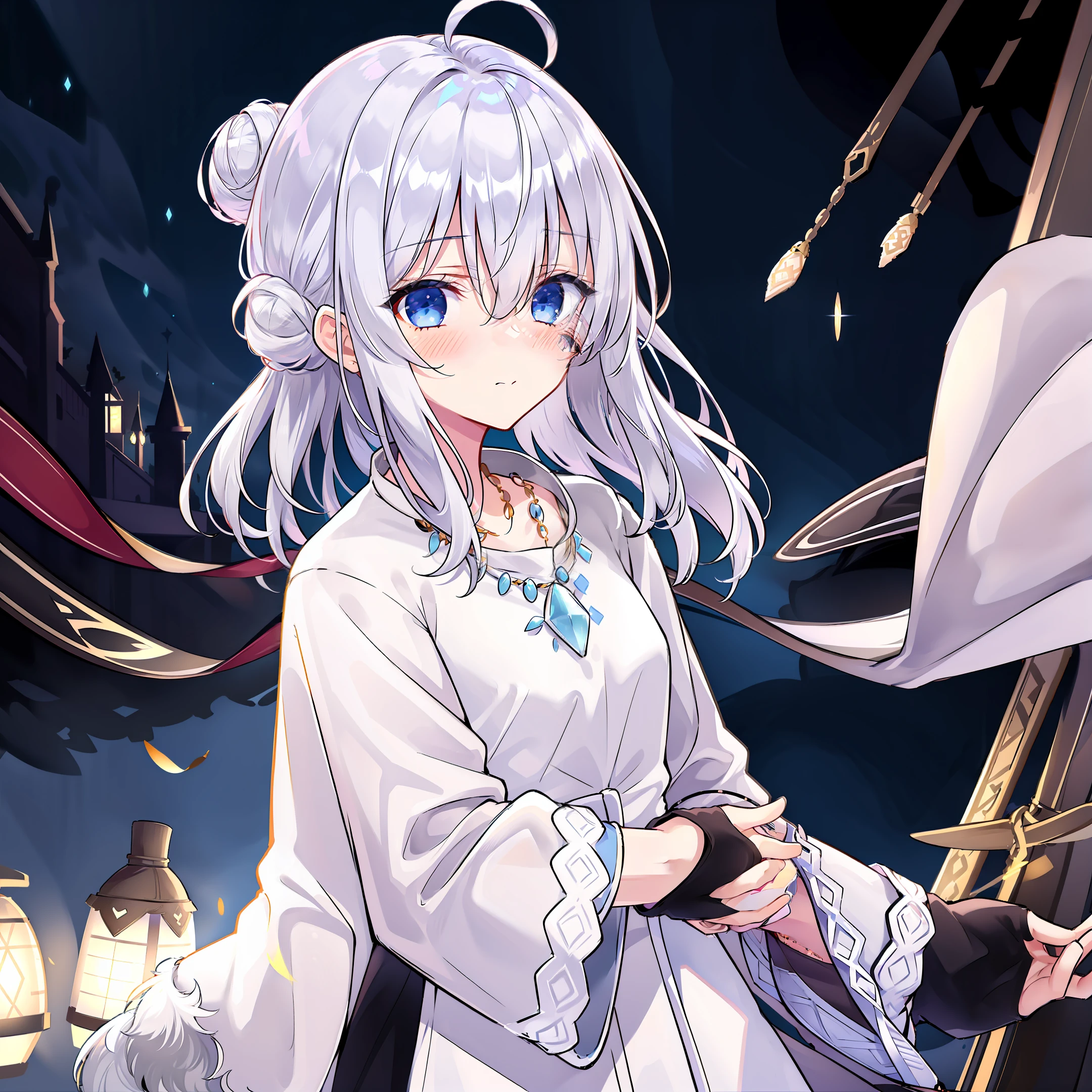 1girl, solo, blue eyes, hair bun, looking at viewer, white hair, night, bangs, outdoors, sky, gloves, upper body, long sleeves, double bun, night sky, black gloves, closed mouth, blush, fingerless gloves, own hands together, hair between eyes, sidelocks, necklace, fur trim, jewelry, wide sleeves, lantern