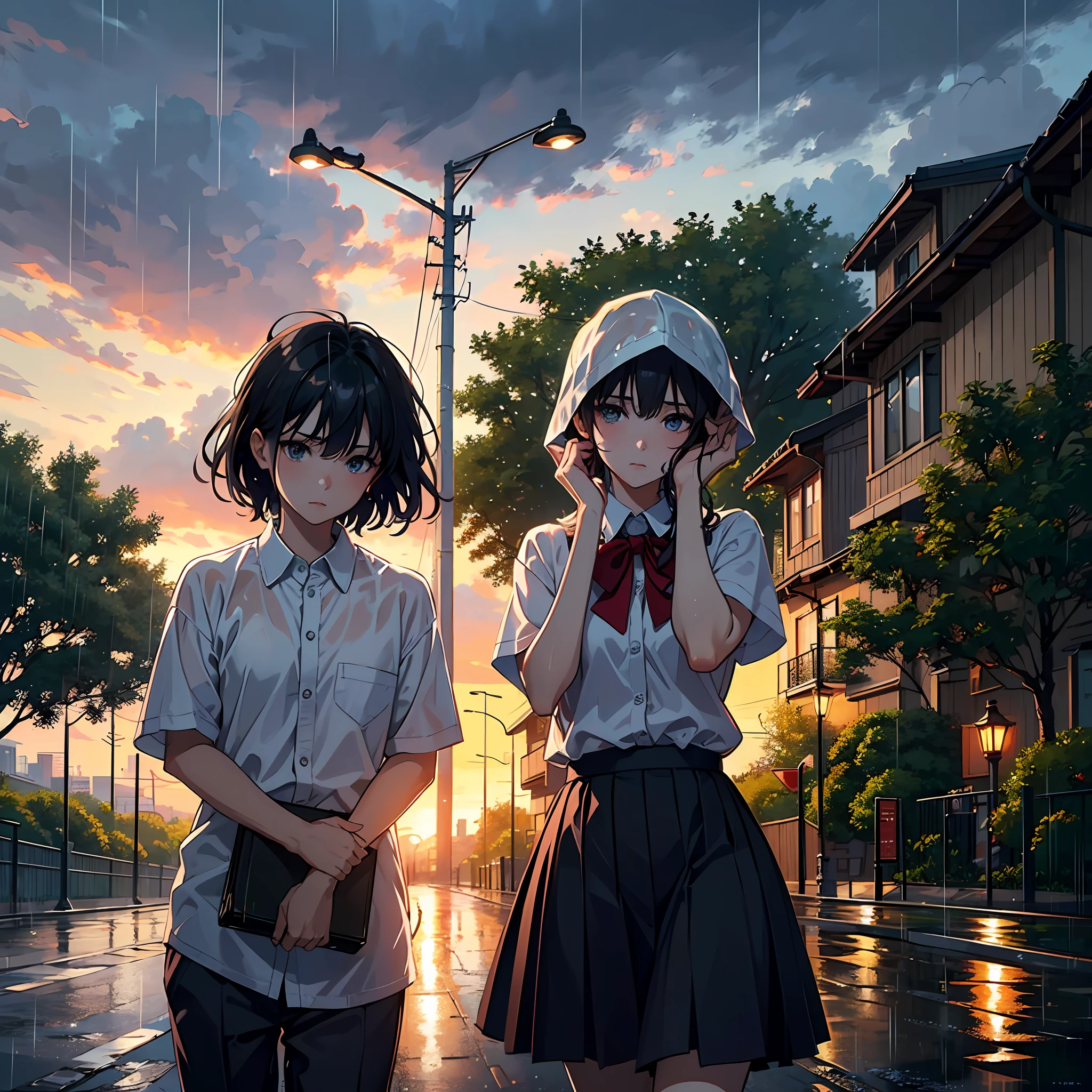 (A boy with, holding a briefcase), (A girl with, Cover your head with your hands)、Wearing a white school uniform, Soaked, Delicate facial features,( Run on small roads in the rain), (dark cloude, Heavy rain weather, overcast weather, rains), There are trees on both sides of the road, House construction, anime realism style, super highly detail, masterpaintings, optimal quality, superdetailed, finedetail, 8K