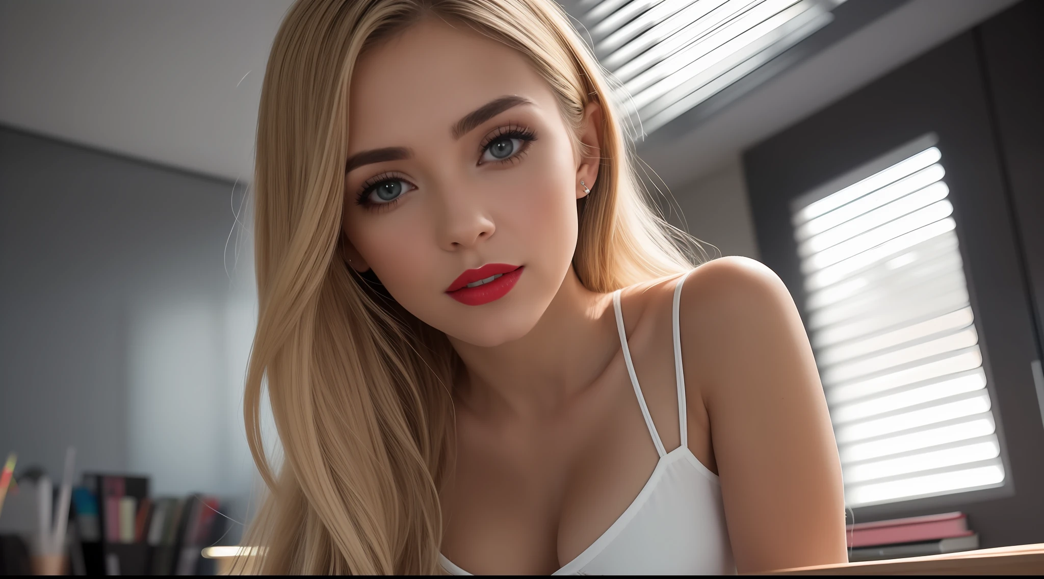 Uma mulher jovem e bonita, blonde hair that falls gently in waves up to the shoulders, altura mediana, olhos grandes e verdes, pele clara, roupas elegantes e sociais, she's in a work office, there are people in the background working, lighting of the office lights but there is a natural light coming in through the window that illuminates your hair, ela esta trabalhando com um computador em sua mesa, seu semblante esta naturalmente sereno, lips with red lipstick, work desk with some papers, quadro mais aberto, Textura 8K, altamente detalhados, realista, soft  Cinematic Light, HDR, sharp fokus, obra-prima, fotorrealista, fotografia premiada, Canon EOS R5, 35 mm.