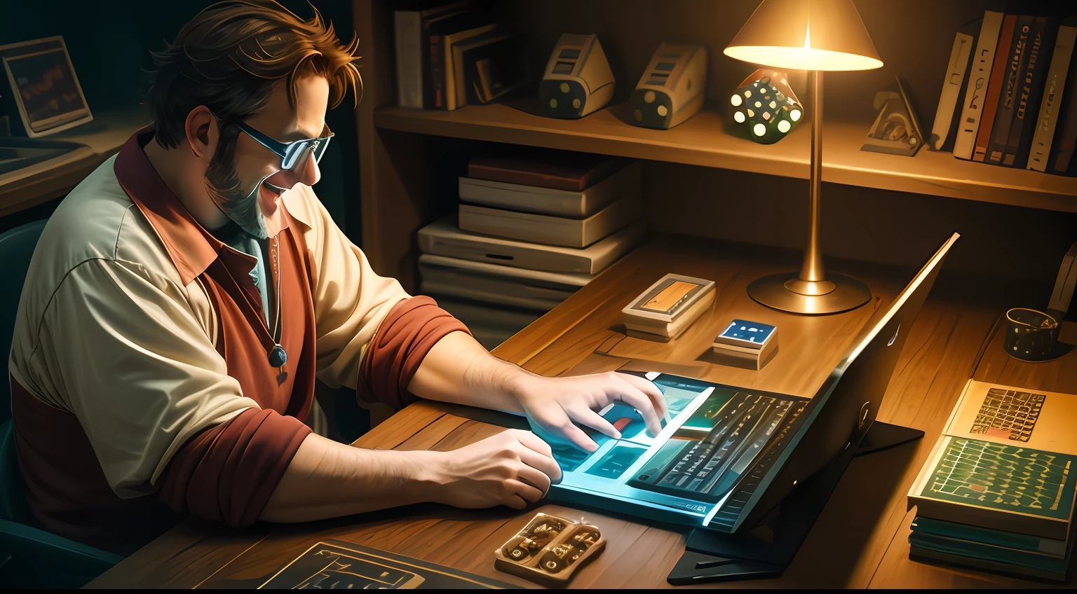 A 40-year-old nerdy man is programming on a computer in a room full of gadgets, happy, laughing, rpg dices on the table, virtual tabletop on screen, by Ghibli Studio, dramatic lighting, highly detailed, incredible quality