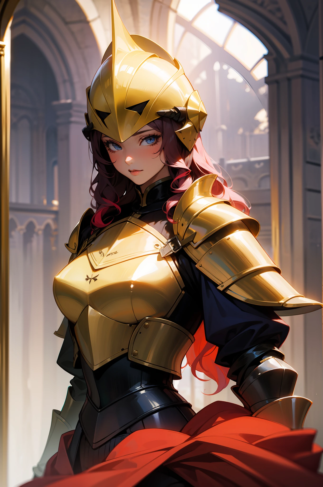 a woman with colored long curly hair, as a sensual medieval knight, blue armor, dark helmet