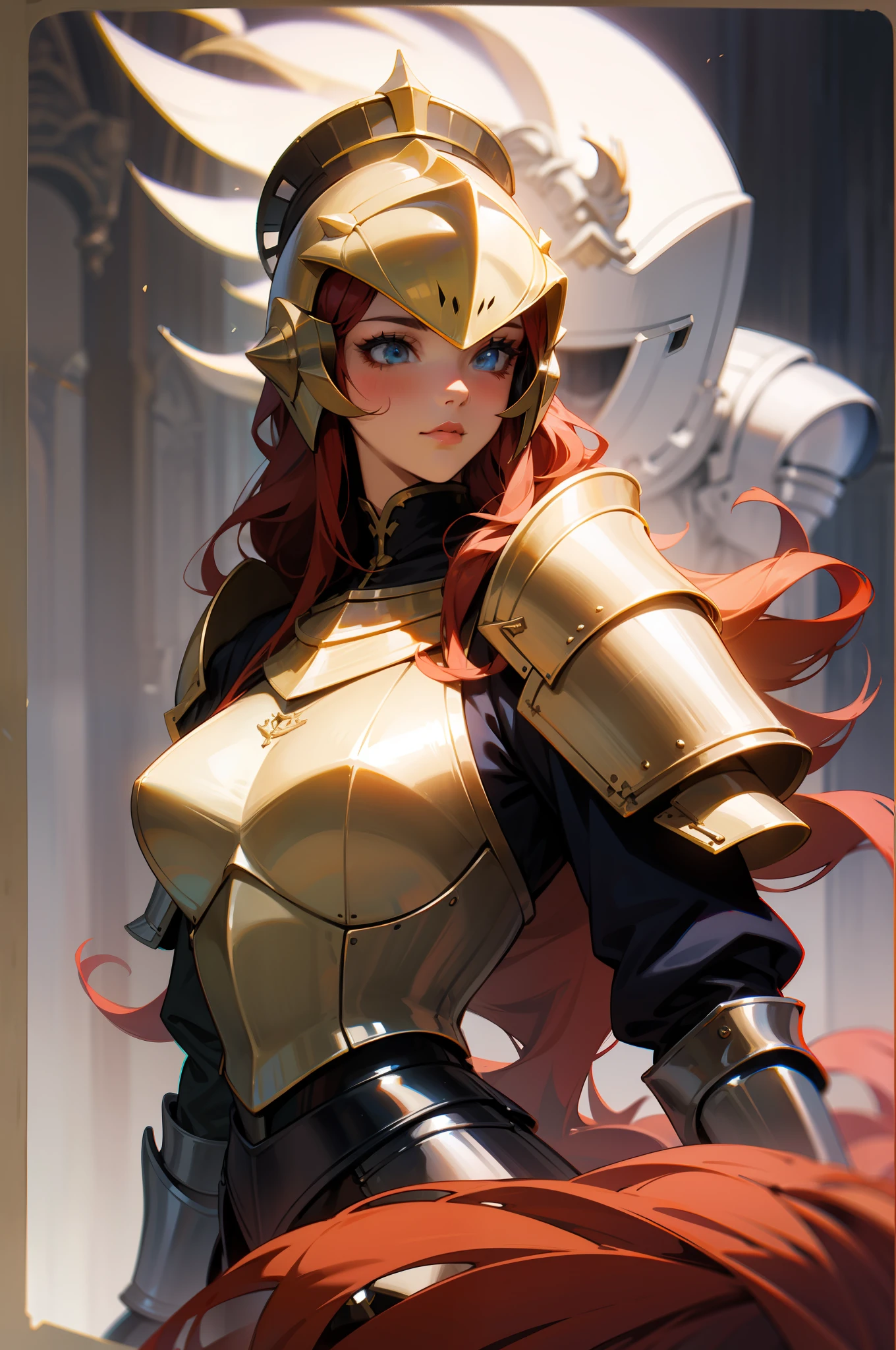 a woman with colored long curly hair, as a sensual medieval knight, blue armor, dark helmet