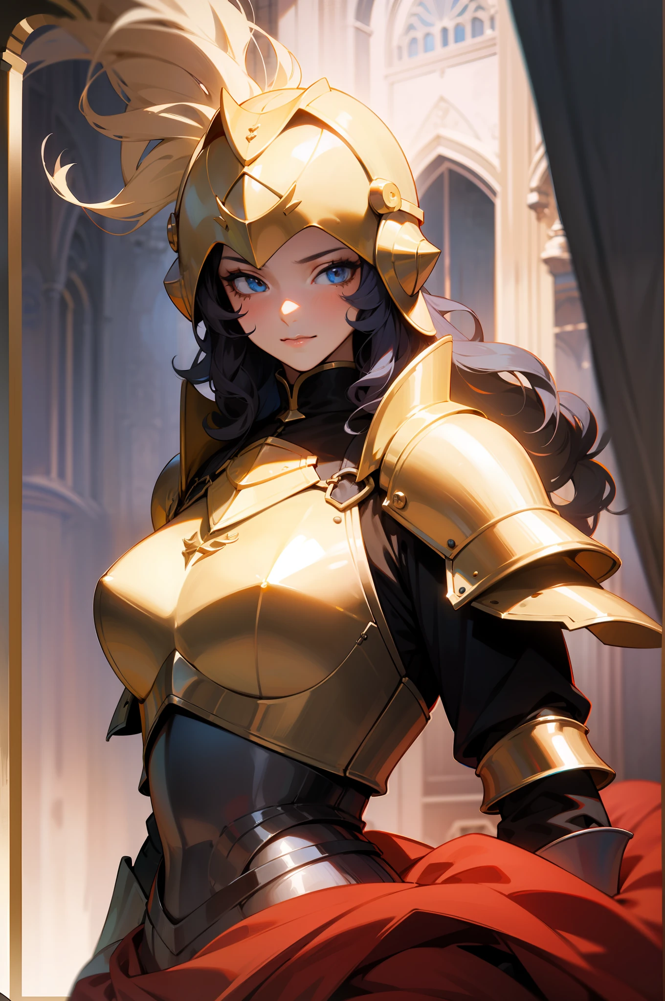 a woman with colored long curly hair, as a sensual medieval knight, blue armor, dark helmet