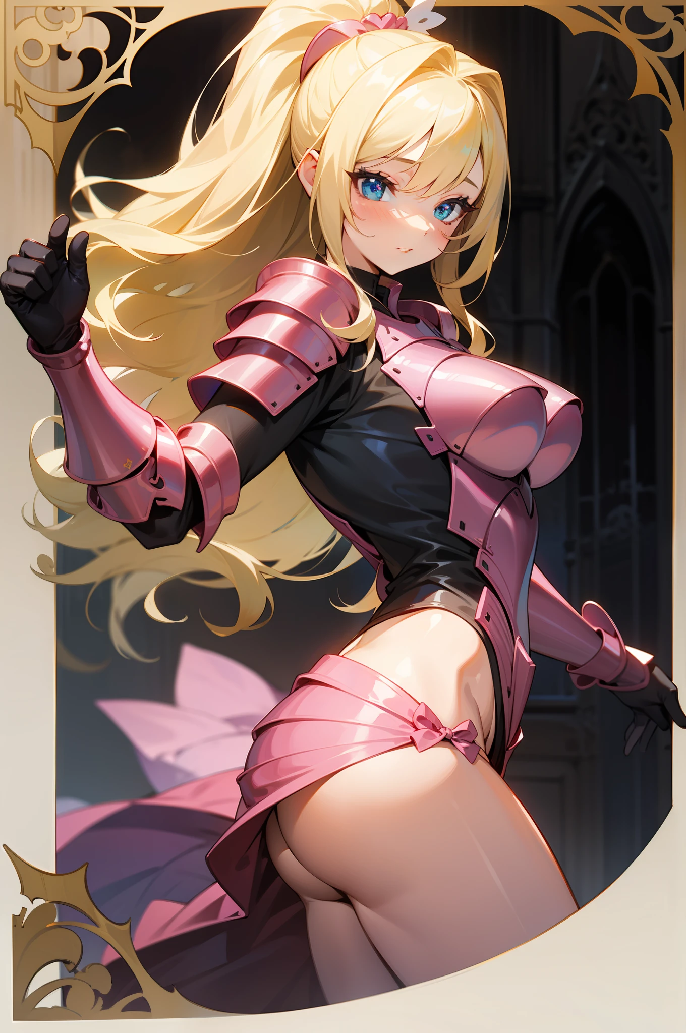 a beautiful woman with long fluttering blonde hair, as a sensual medieval knight, pink armor