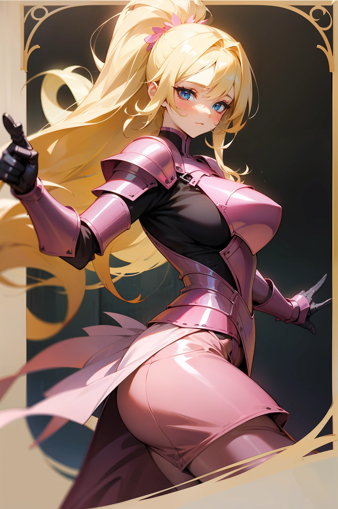 a beautiful woman with long fluttering blonde hair, as a sensual medieval knight, pink armor