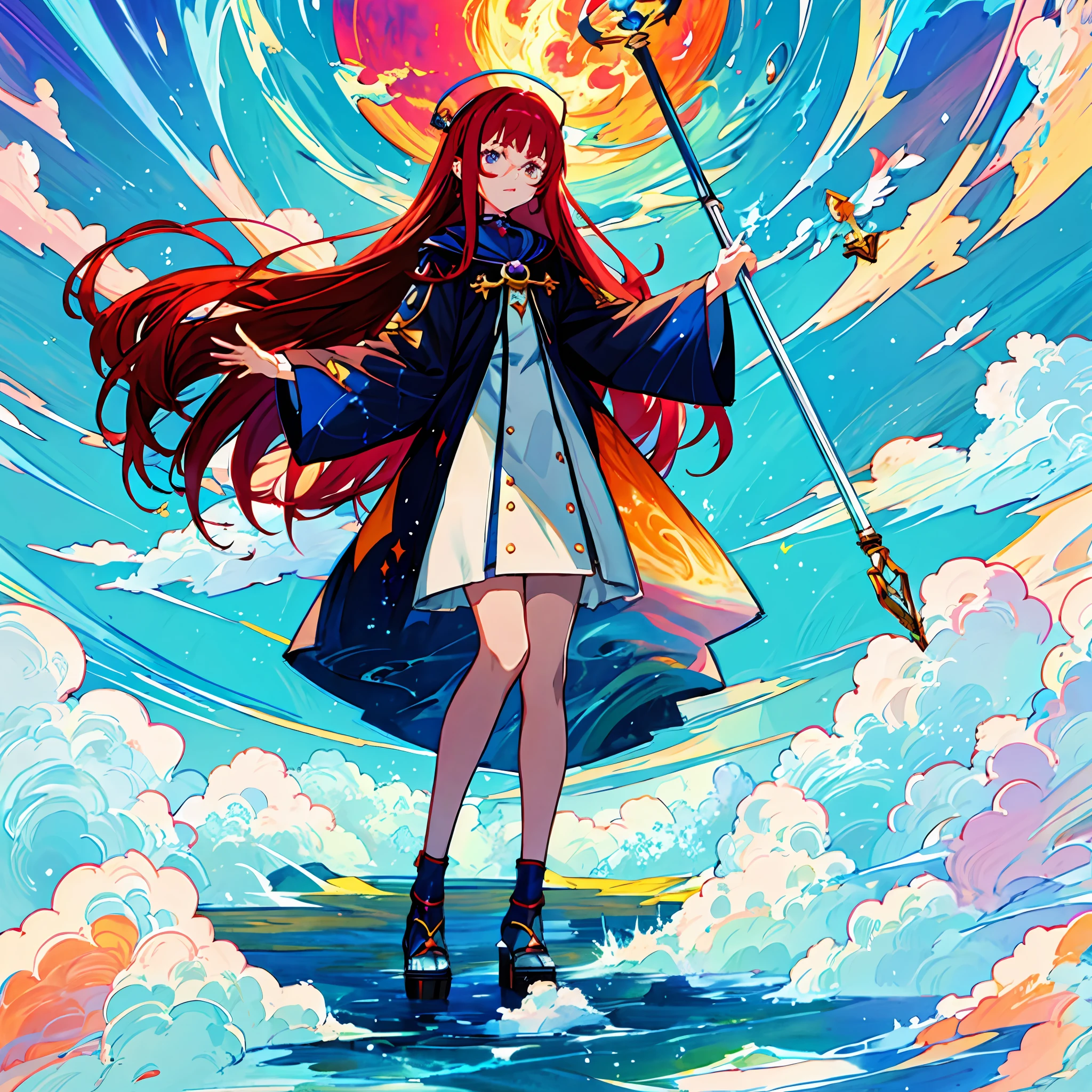 Anime girl with long red hair has a staff、standing in the water, full portrait of elementalist, cushart krenz key art feminine, official anime artwork, sky witch, ethereal anime, anime key art, marin kitagawa fanart, Detailed key anime art, anime goddess, Trending on ArtStation pixiv, beautiful celestial mage, anime fantasy illustration