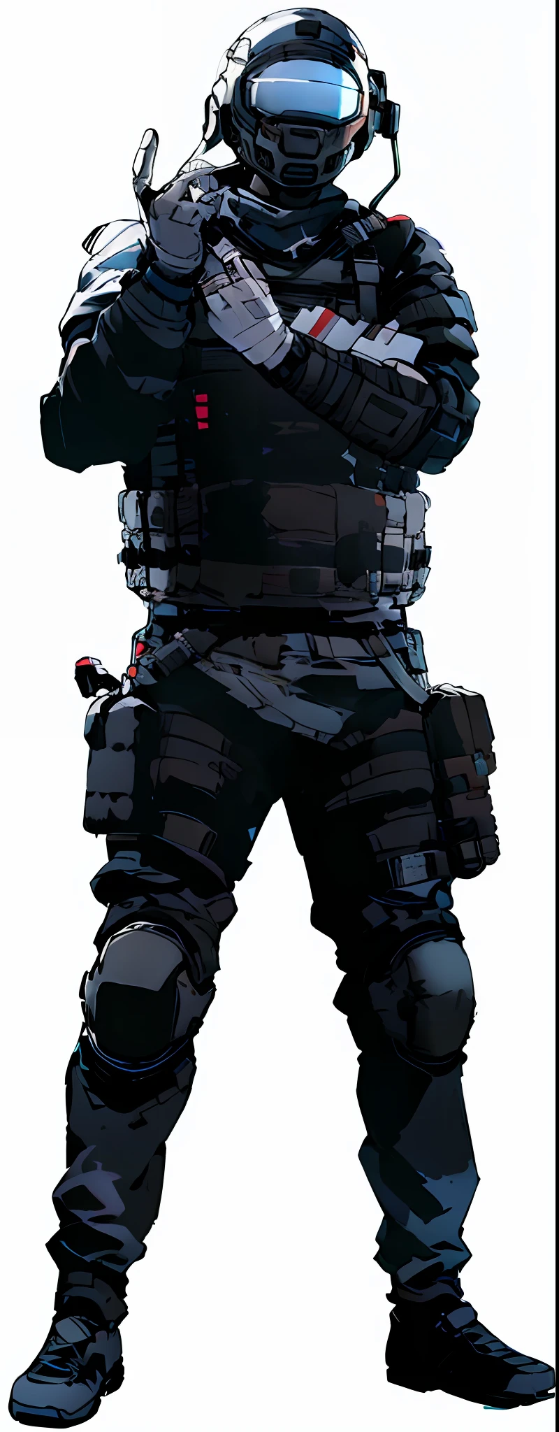 a close up of a man in a uniform, rb6s), full body shot, swat, full body close-up shot, rb6s, rb 6 s, riot gear, riot helmet, white gloves, hands up, full body profile camera shot, siege, r6, (((looking at viewer))), medic, doctor, healer, knee pads, heavy armor, bulky,