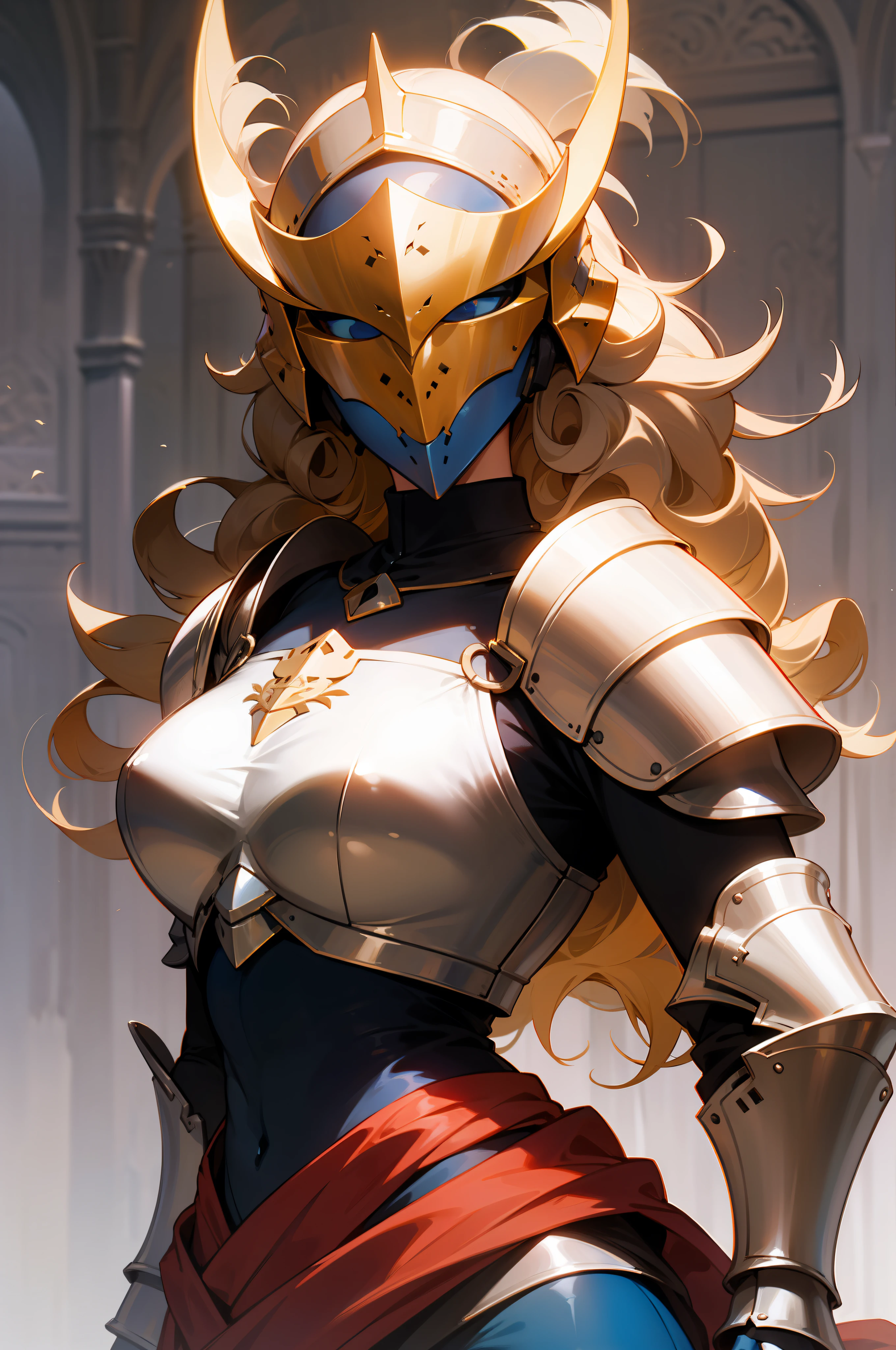 a woman with long curly hair, as a sensual medieval knight, blue armor, dark helmet