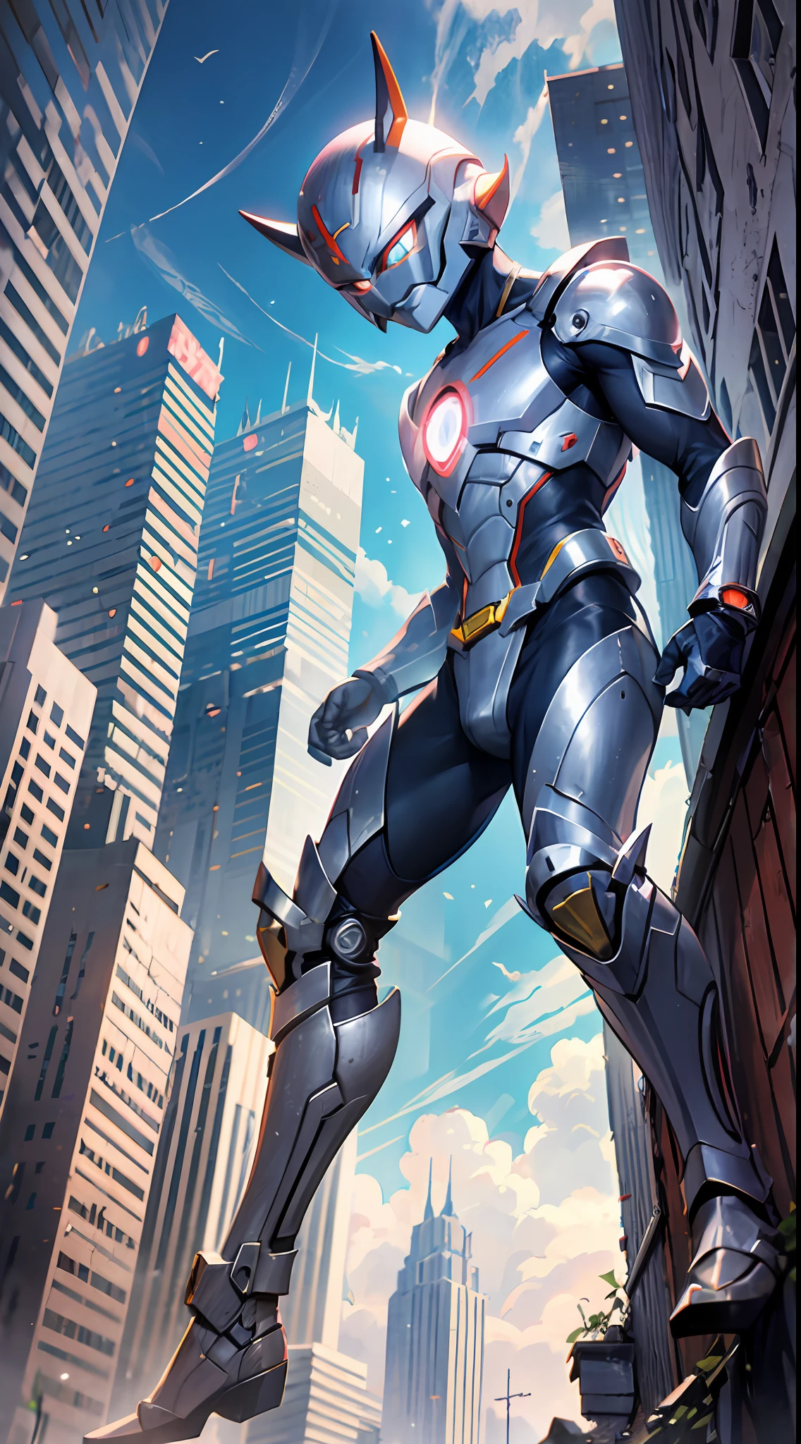 Nexus Ultraman, 1boy, Alien, Male Focus, Solo, 1boy, Tokusatsu, Full Body, (Giant), Railing, Glowing Eyes, Glowing, From Below, White Eyes, City, Building, Damaged Building, Tilt Displacement, Ruins