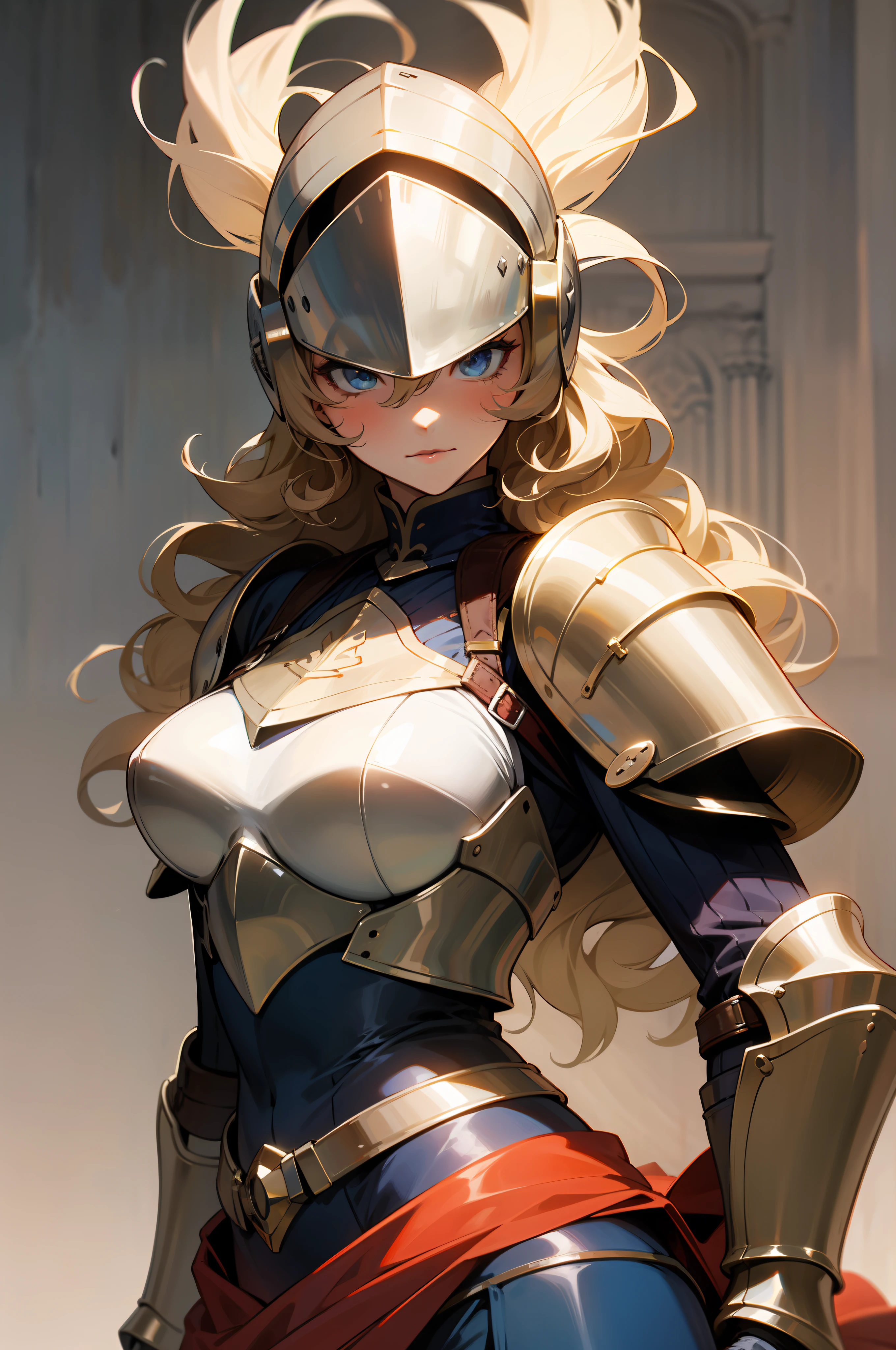 a woman with long curly hair, as a sensual medieval knight, blue armor, dark helmet