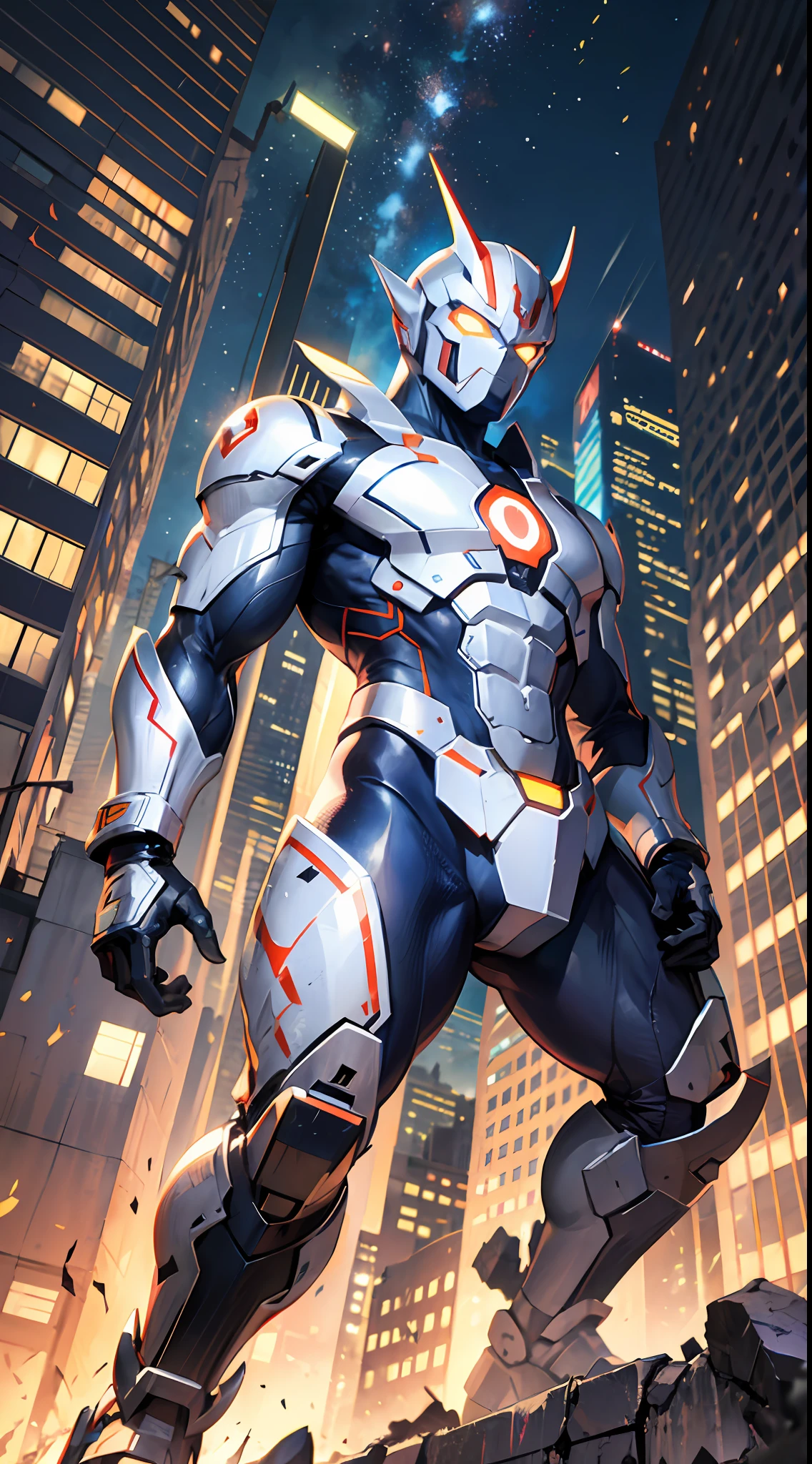 Nexus Ultraman, 1boy, Alien, Male Focus, Solo, 1boy, Tokusatsu, Full Body, (Giant), Railing, Glowing Eyes, Glowing, From Below, White Eyes, City, Building, Damaged Building, Tilt Displacement, Ruins