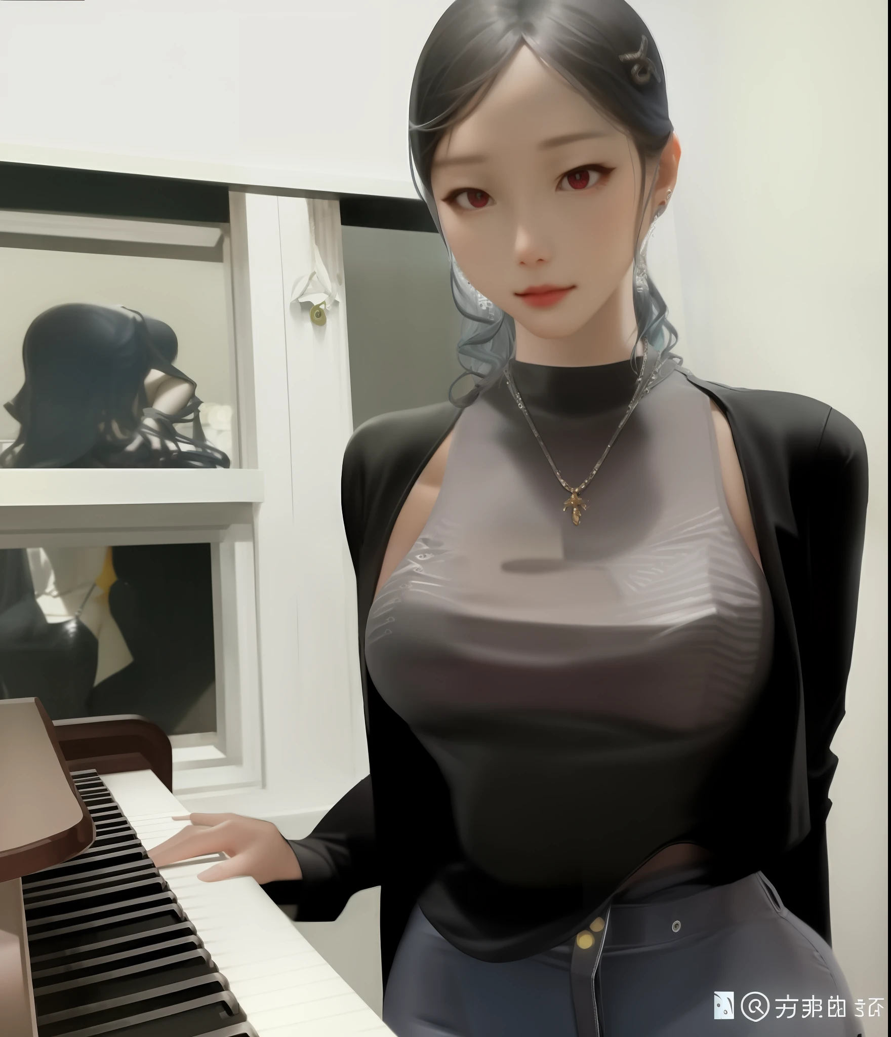 Chinese woman playing piano in black top and jeans, wearing tight shirt, Tight shirt, wearing tight simple clothes, Translucent body, see - through, wearing a tight, wearing a black bodysuit, wearing a cute top, Clothing that exposes, thin bodysuit, piano in the background, tight black tanktop, Transparent body, pianist, tight attire