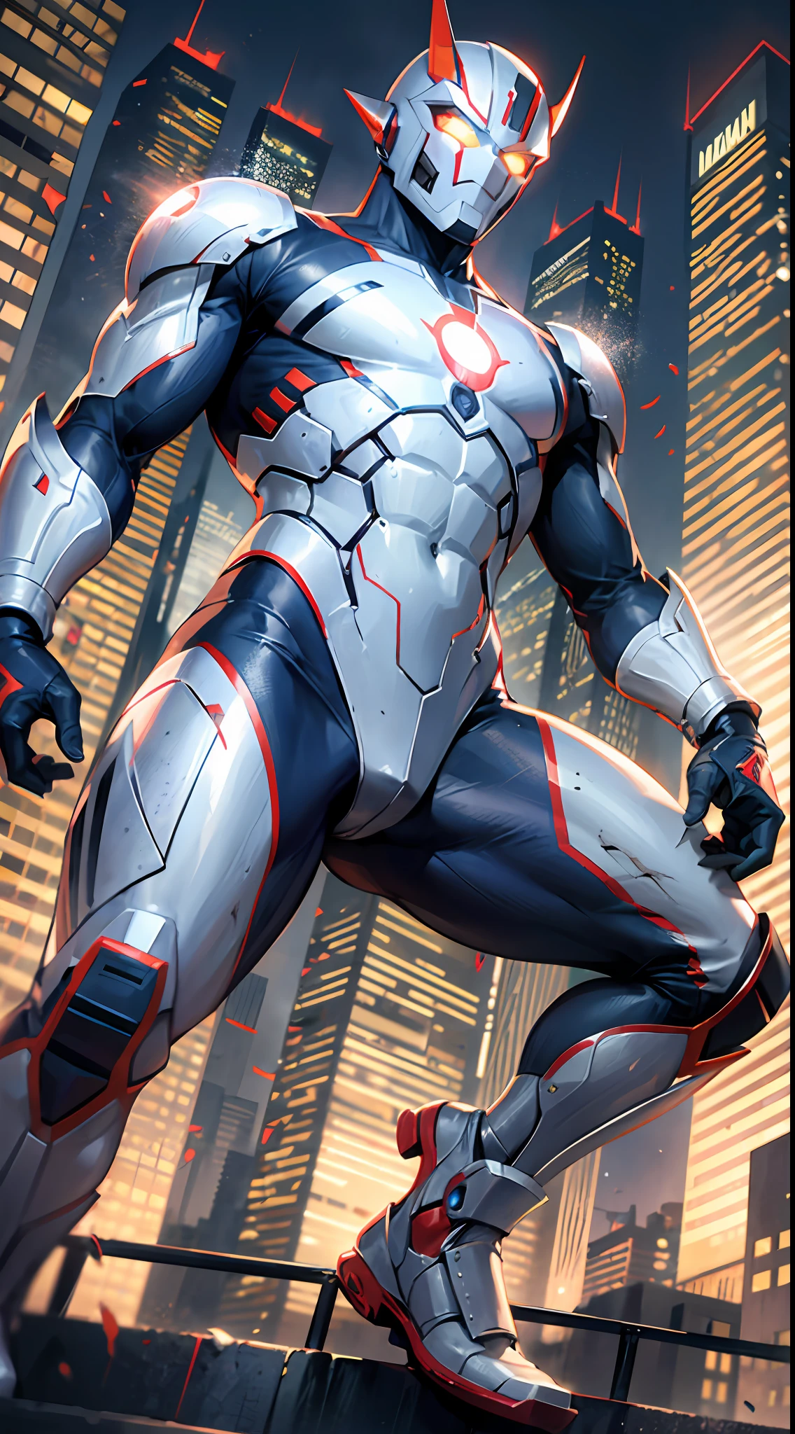 Nexus Ultraman, 1boy, Alien, Male Focus, Solo, 1boy, Tokusatsu, Full Body, (Giant), Railing, Glowing Eyes, Glowing, From Below, White Eyes, City, Building, Damaged Building, Tilt Displacement, Ruins