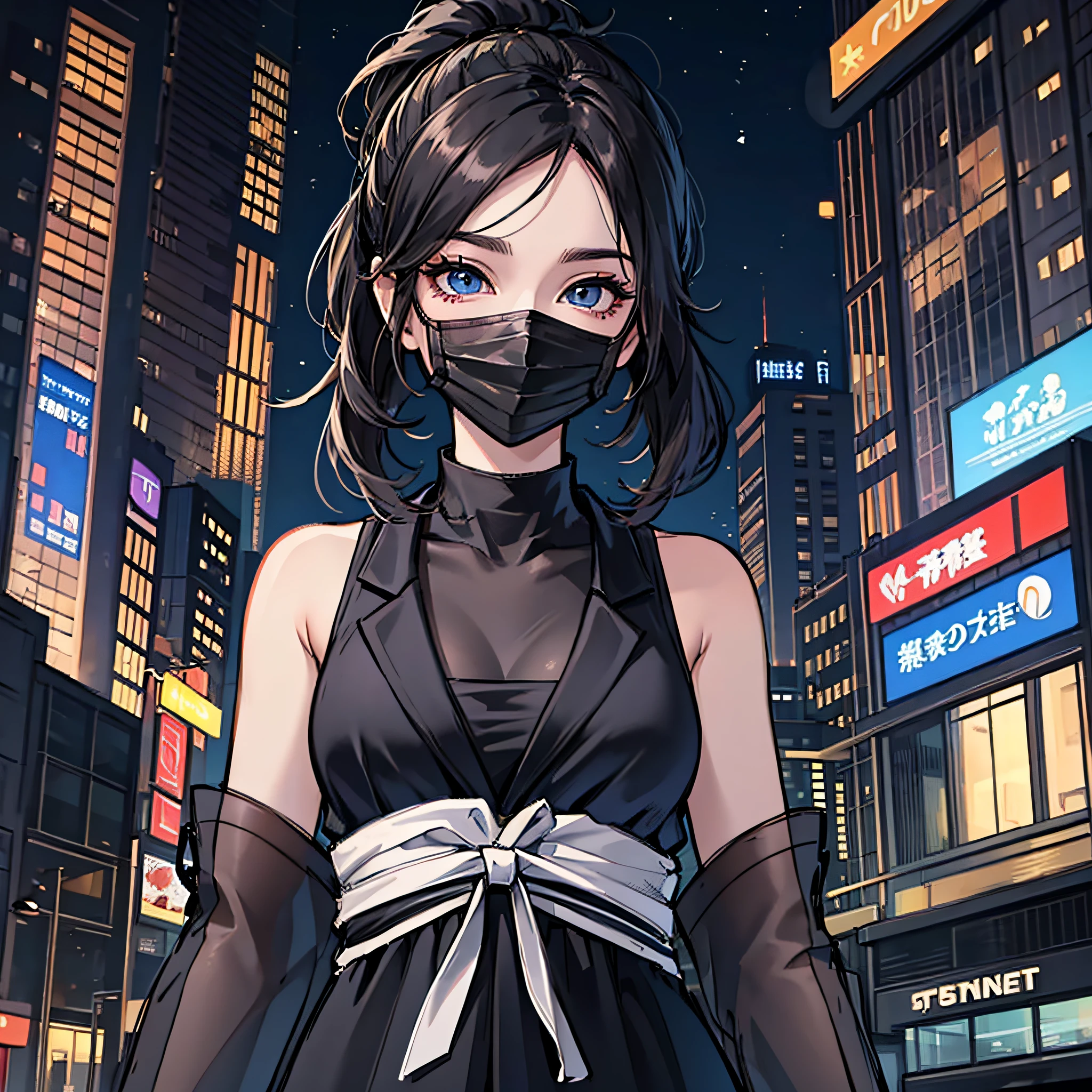 A woman with a black ponytail，Wearing black night clothes，Blue eyes，In front of a building，Wear a mask，the night，lune
