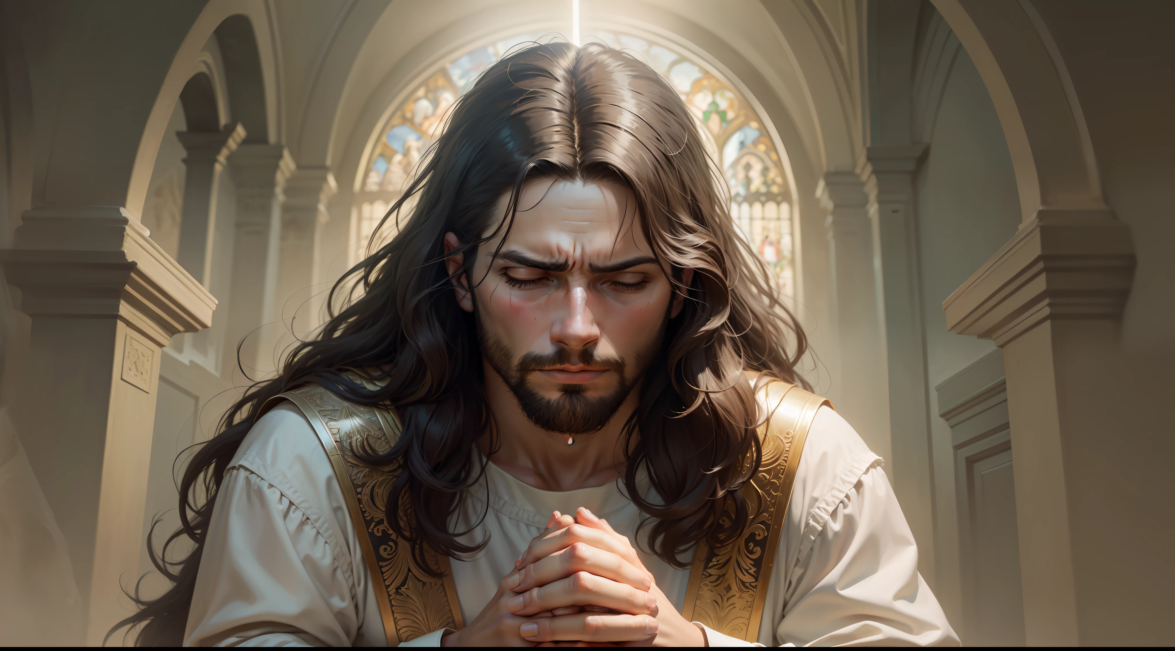 Jesus com cabelos longos e barba, Retrato de Jesus Cristo, Jesus Cristo, rosto de Jesus, jesus of nazareth, Jesus, O Senhor e Salvador, homem bonito, A face de Deus, Jovem Deus Todo-Poderoso, Greg Olsen, bonito impressionante realista, fan art, Retrato de um Deus Celestial, Retrato de Deus, Christian art, (((kneeling in a prayer position)))
