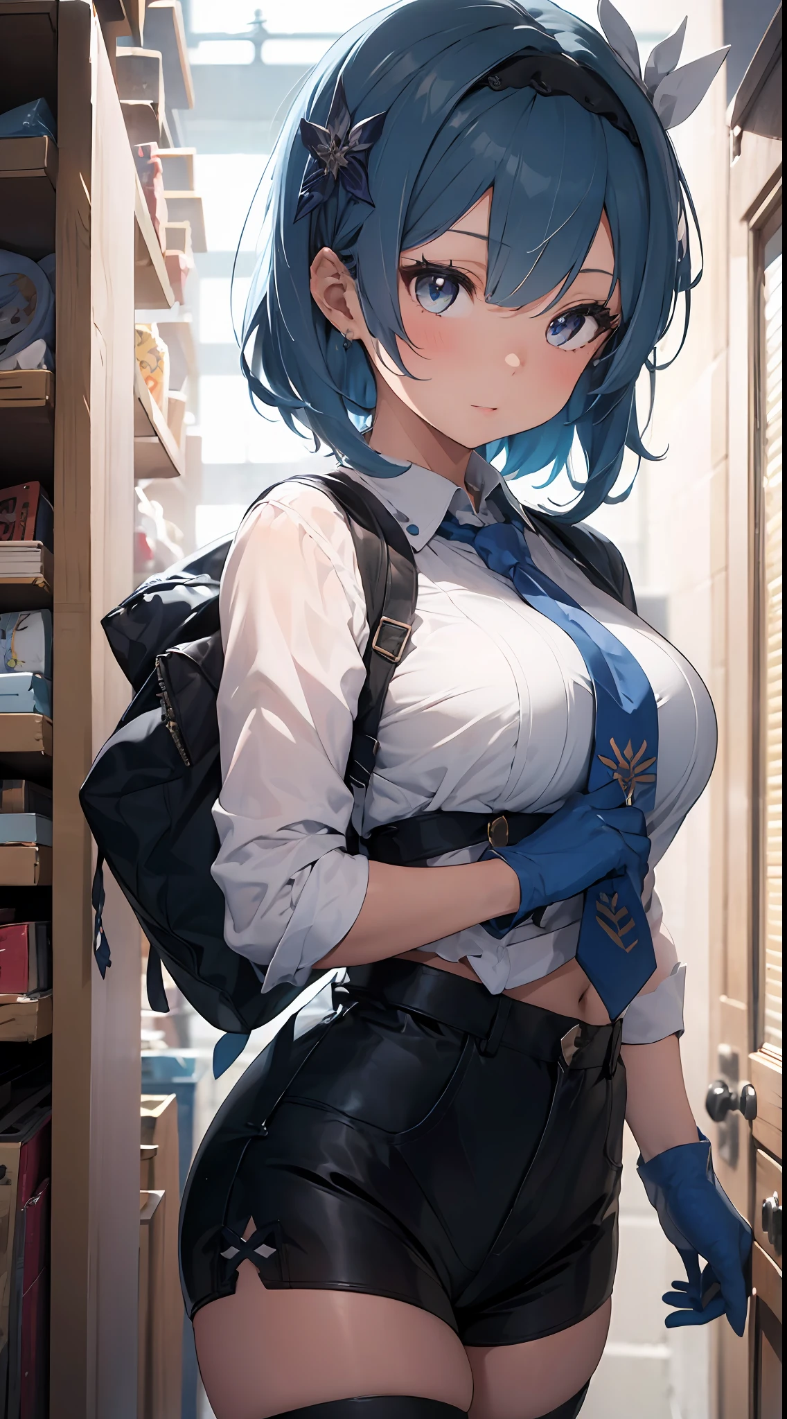 1girl, (solo:1.2), ((masterpiece)), [slim], (big chest), large breast , sexy ,mature ,((detailed eyes)), (bokeh effect), cowboy shot, euladef, (light blue hair), short hair, black hairband, (blue gloves), (blue tie), elegant