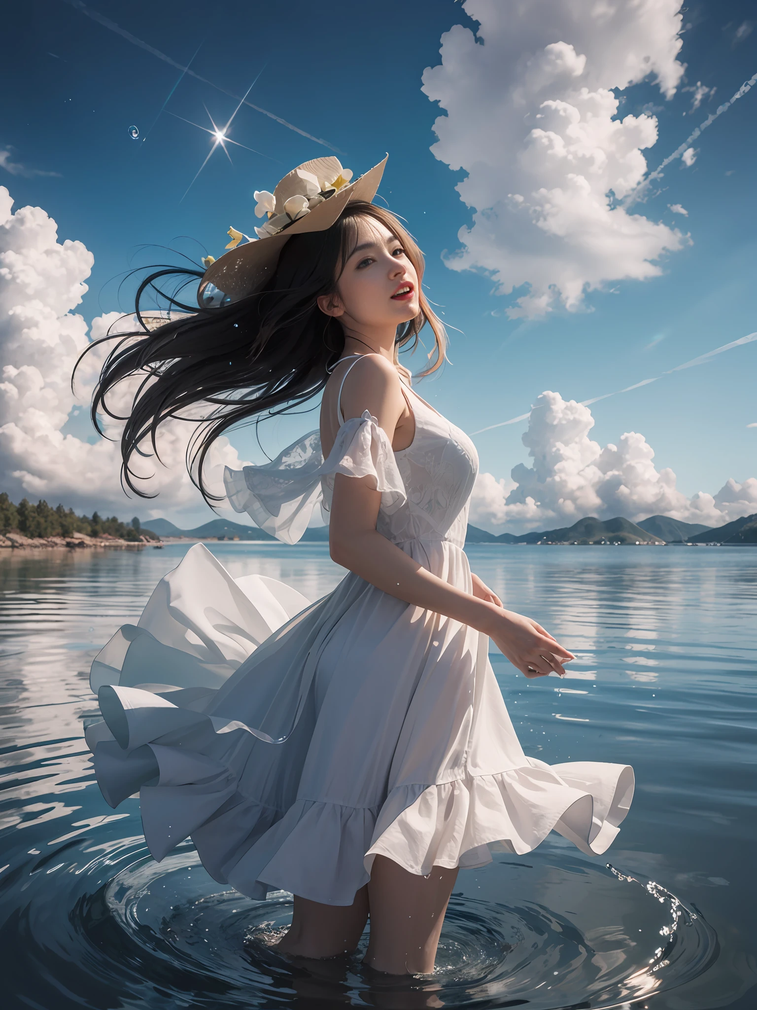 ((masterpiece)), best quality, realistic wallpaper 8 k, 1girl in a dress walking on water with splash, ripples, expressing joy, full shot, outdoors, cloudy sky, blue sky, reflection, mirror, lens flare