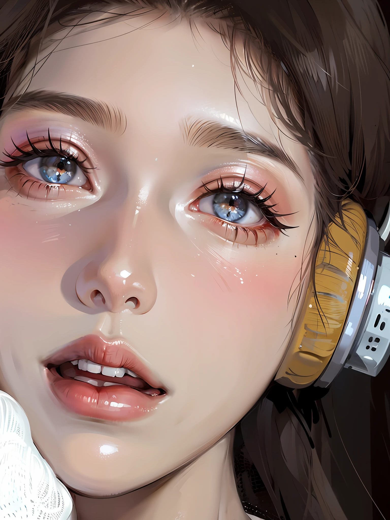 there is a woman with headphones on her head and a white sweater, wlop glossy skin, clear cute face, Light makeup, glossy eyes, Soft makeup, popular korean makeup, honey - colored eyes, Popular Korean makeup, bright glowing eyes, Kawaii realistic portrait, with sparkling hazel eyes, cute round slanted eyes, big round cute eyes, bright brown eyes