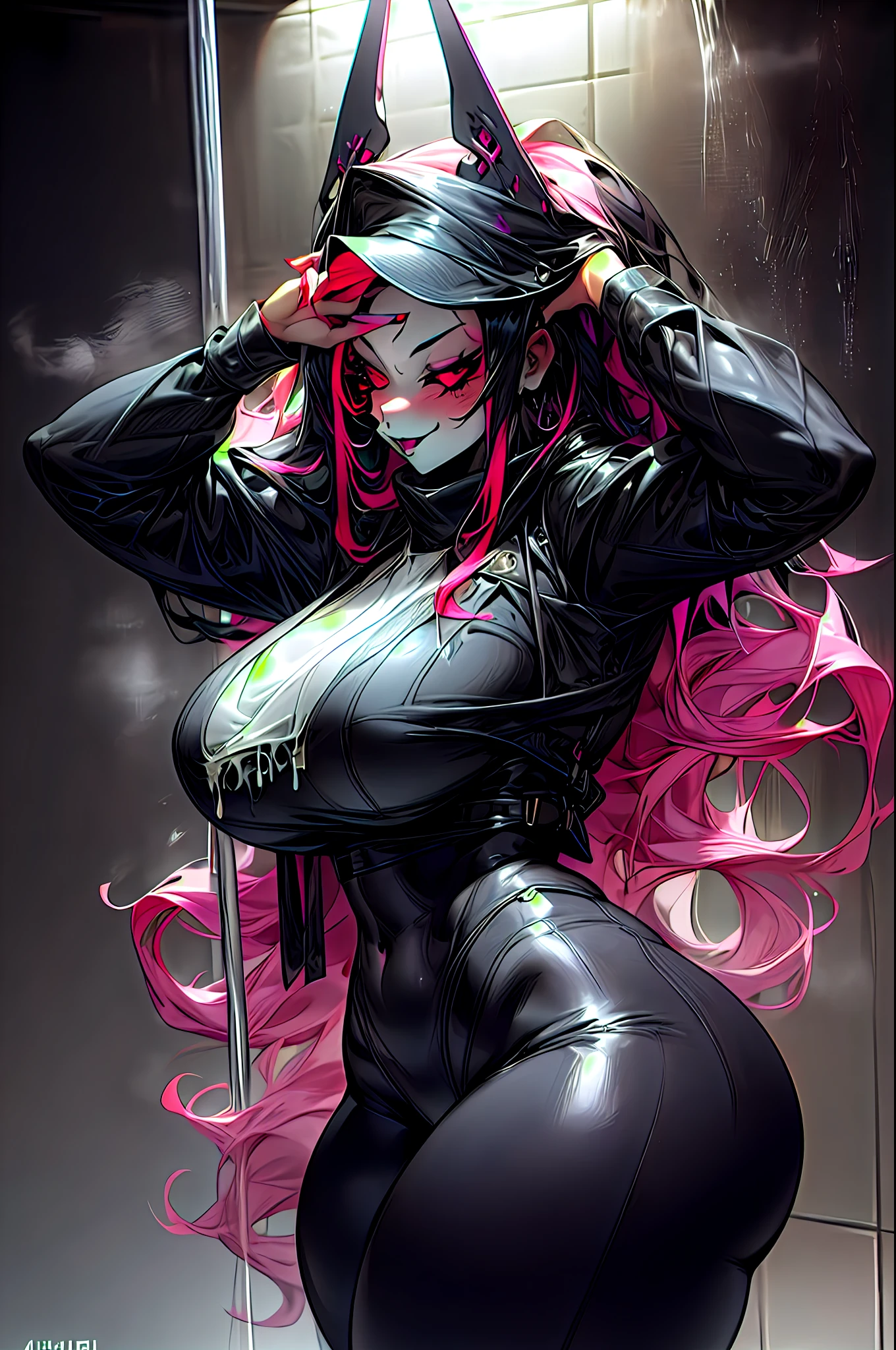 attractive young woman, beautiful female, (goth:1.4). super long hair, multi color hair, (long nails:1.2), slim body, thick hips, (gigantic breasts:1.4), (random poses:1.2), random pose, different poses, very arusing woman, bathroom, after shower, wet body, (slime bikini) thick mist, steam, pubick hair, smirk, (ahegao:1.2), focus on breasts, (no panties)