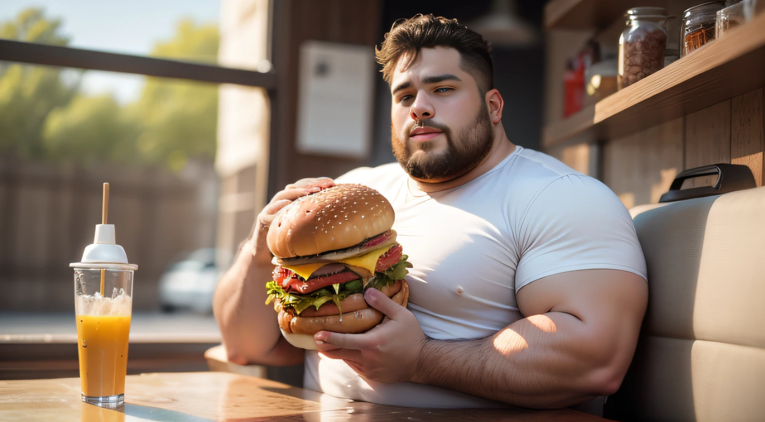 homem extremamente gordo mordendo um hamburguer, ambiente sujo