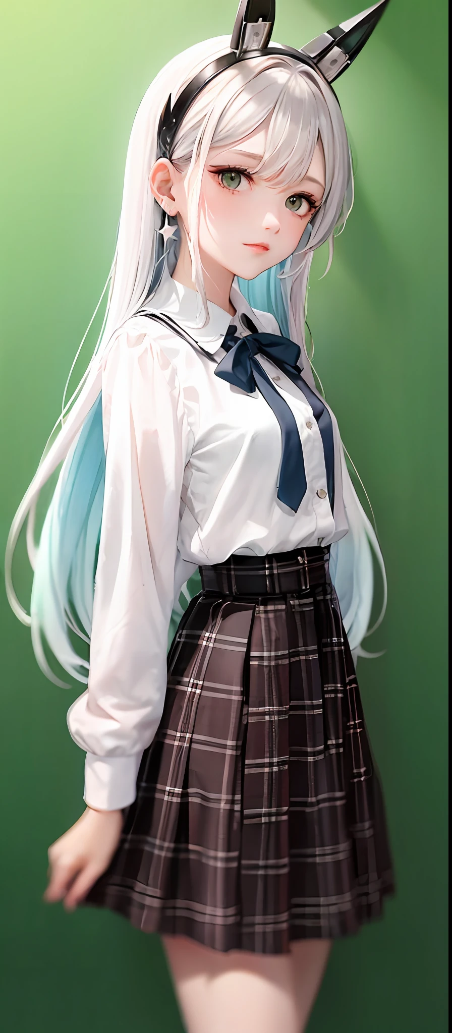 1girl, (masterpiece:1.1), (best quality:1.1), (white blouse:1.1), (plaid skirt:1.1), school uniform, high waist skirt, BREAK [blue:pink:0.5] theme, (gradient background:1.1 ), cowboy shot, BREAK silver hair, long hair,, green eyes, delicate headgear, looking sideways,