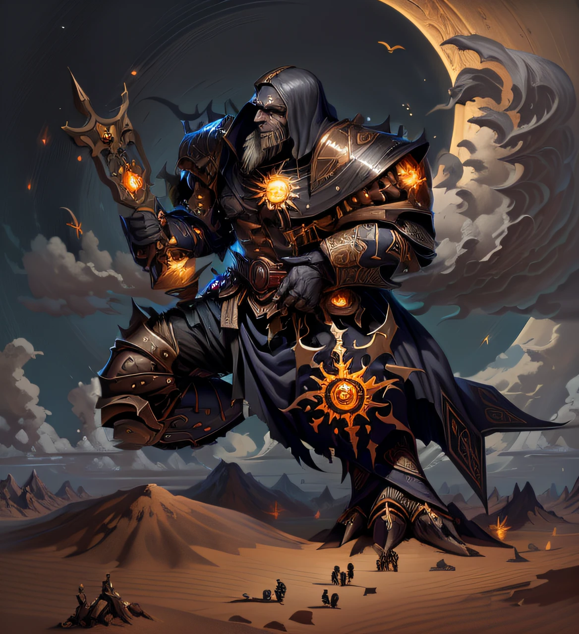 There is an image of a nomadic desert man standing in the middle of a field, cavaleiro da morte, cavaleiro da morte, Um feiticeiro todo-poderoso, Mago vivo morto, a shaman holding up the universe, Um enorme deus gigante celestial, Estilo de arte do mundo de Warcraft, dark flower shaman, mage the ascension, Paladino Grimdark, Lich Demon Mage Classe, clothed in ethereal battle armor