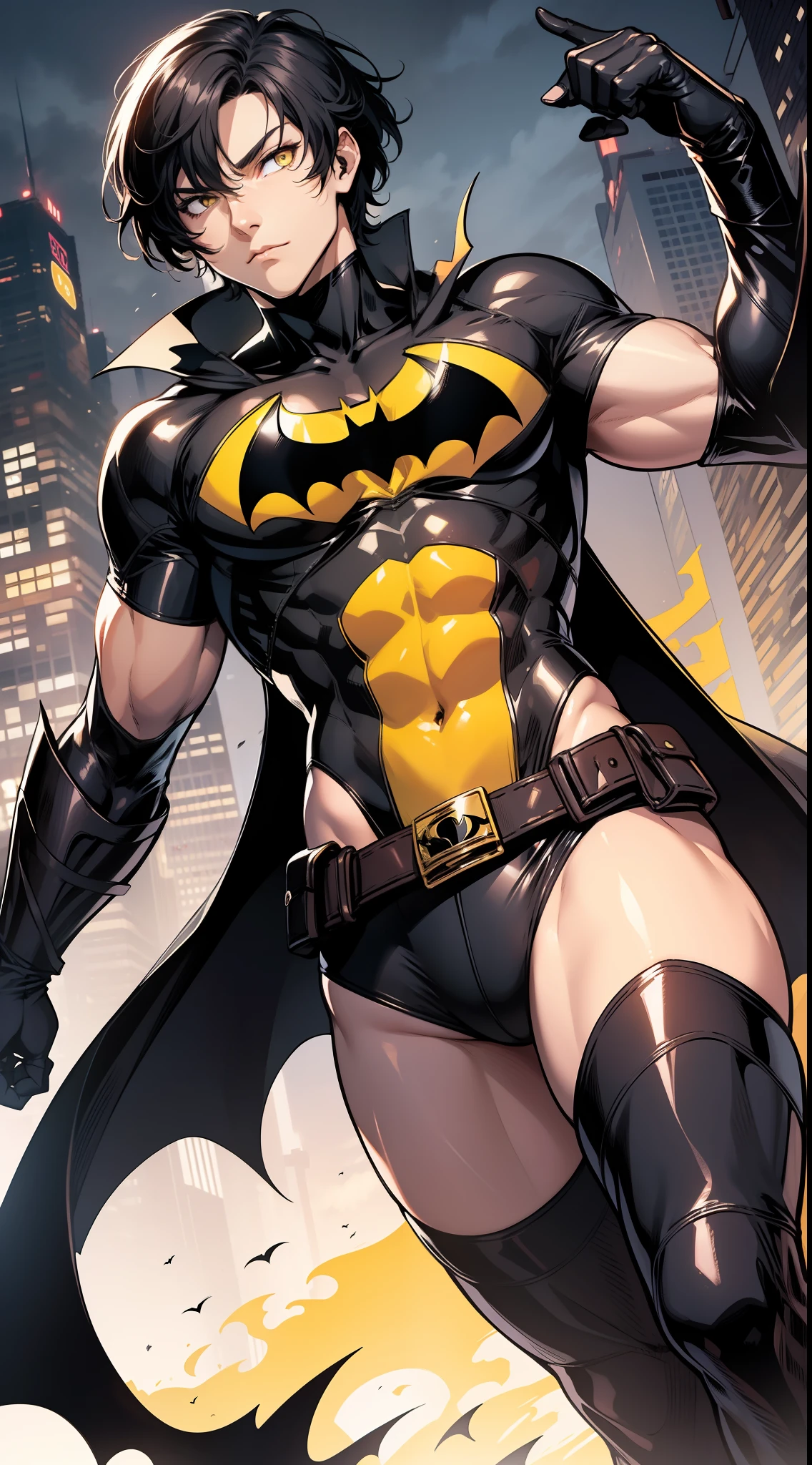 Tall guy, Short black hair, Yellow eyes, Batman, Masterpiece, high qulity